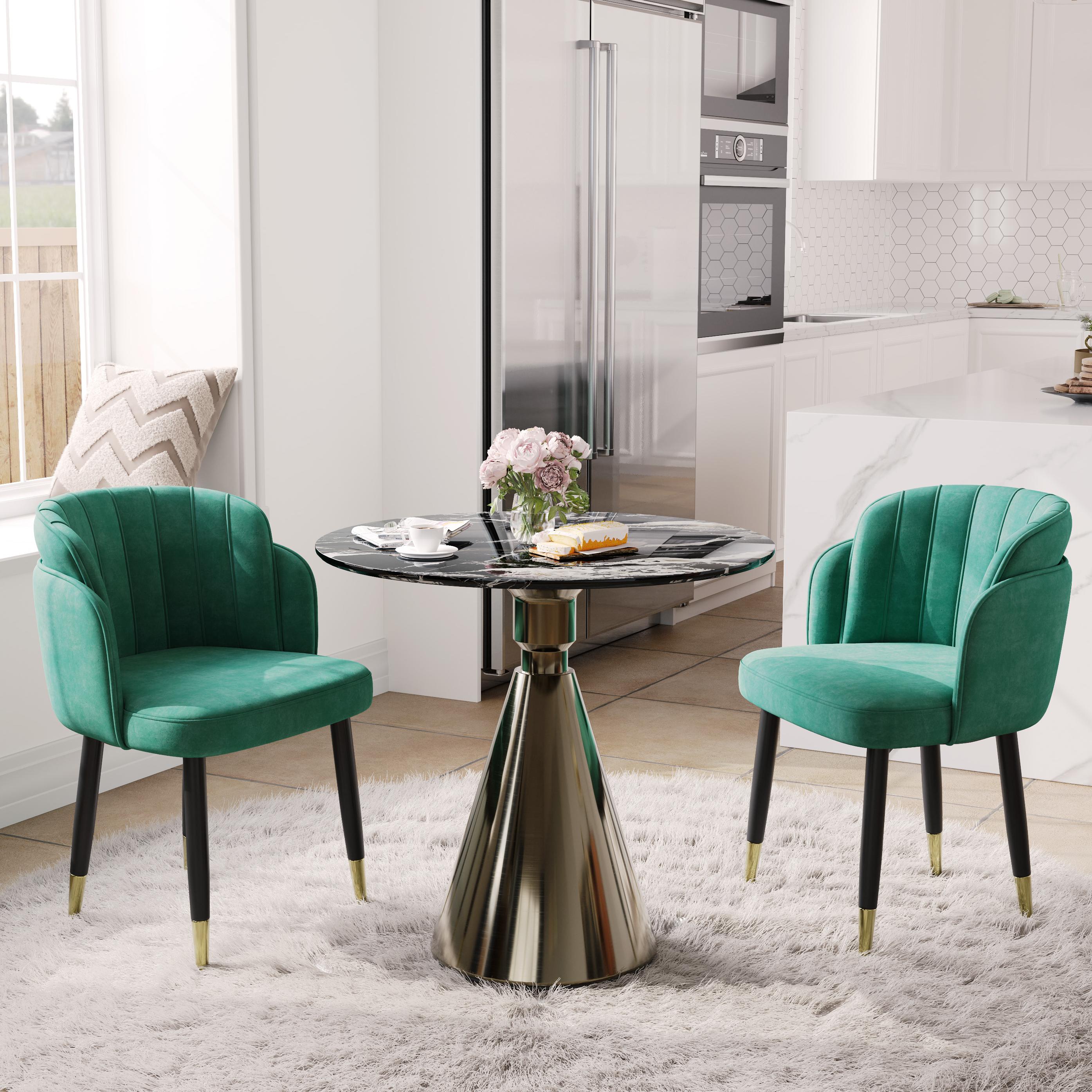 Modern Luxury Deep Green & Black Fabric & Solid Wood Dining Chairs
