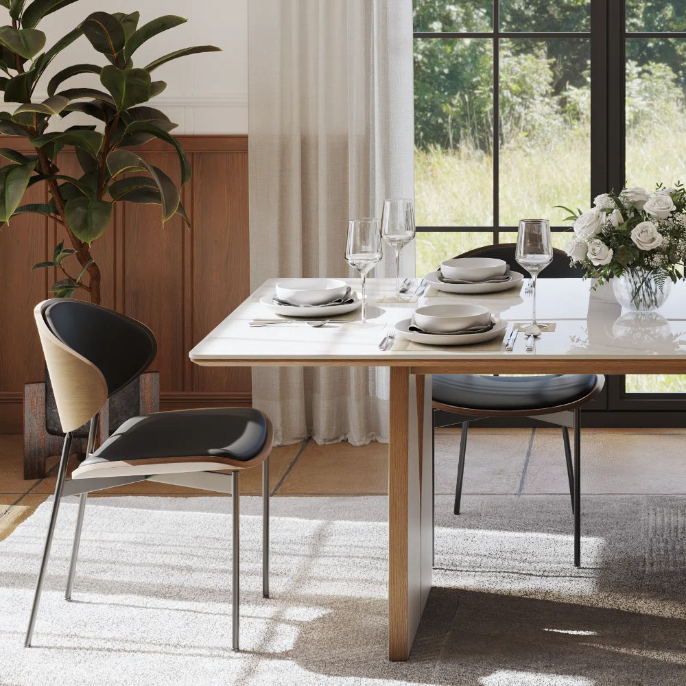 Side Chairs Black & Walnut PU Leather Dining Chairs