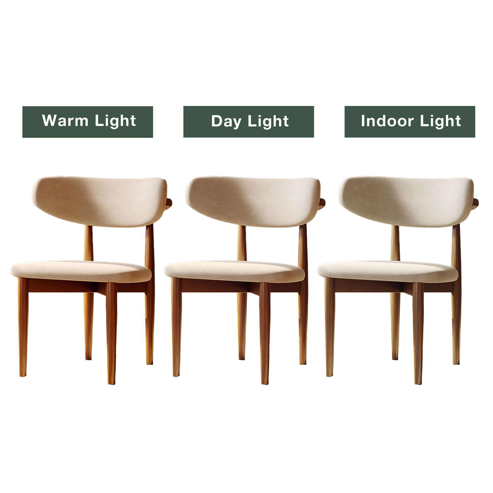 Mid Century Modern Beige & Light Walnut Cotton Linen Dining Chairs