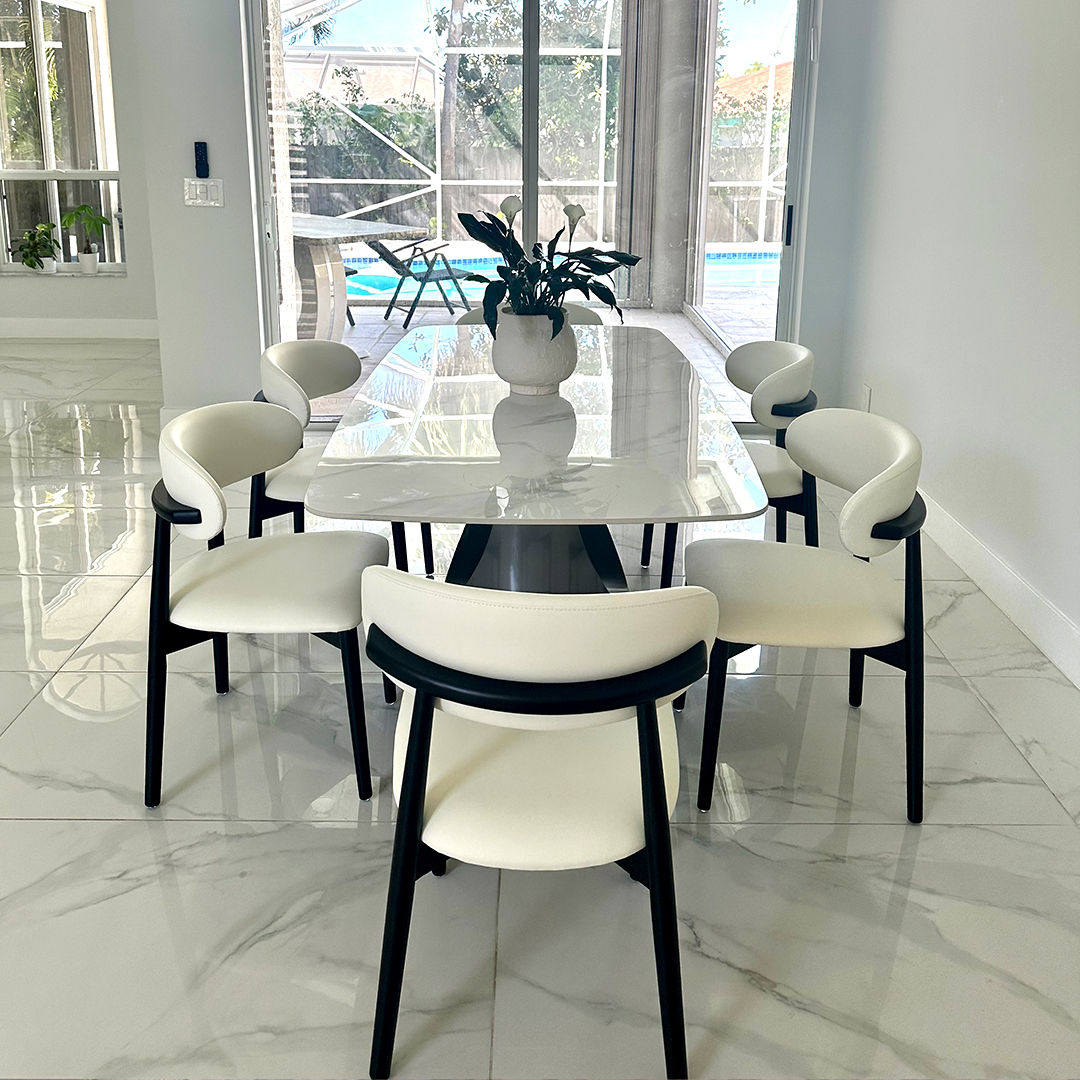 Mid-Century Modern Beige & Black PU Leather Dining Chairs