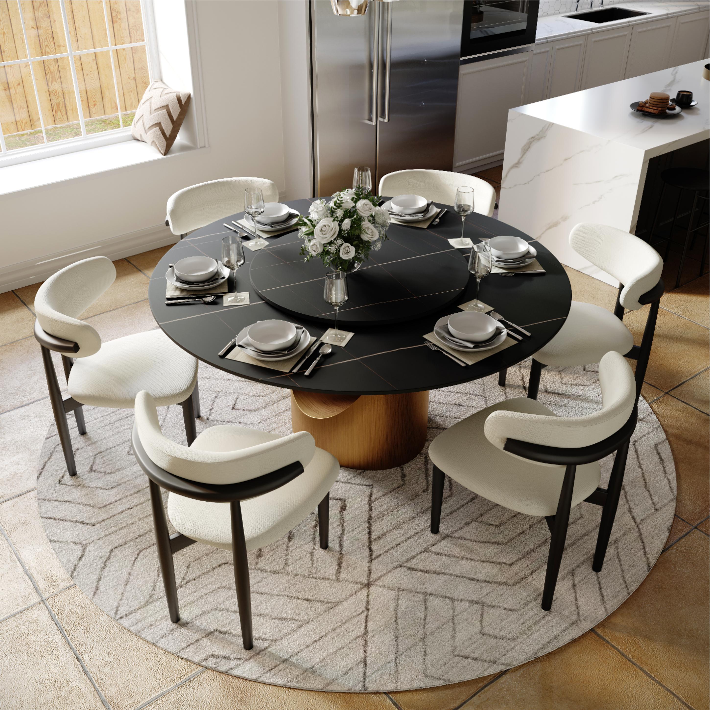 Mid-Century Modern Beige & Black Cotton Linen Dining Chairs