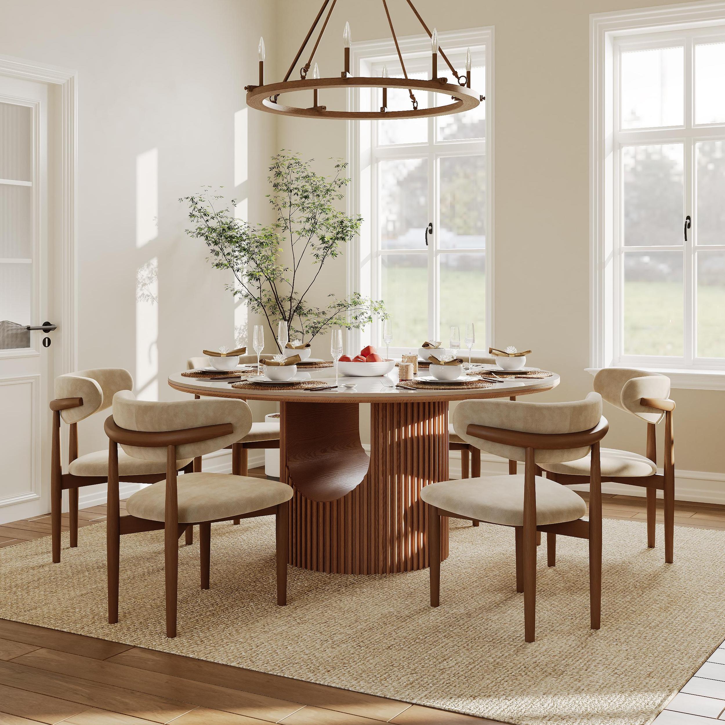Mid-Century Modern Beige & Walnut Cotton Linen Dining Chairs