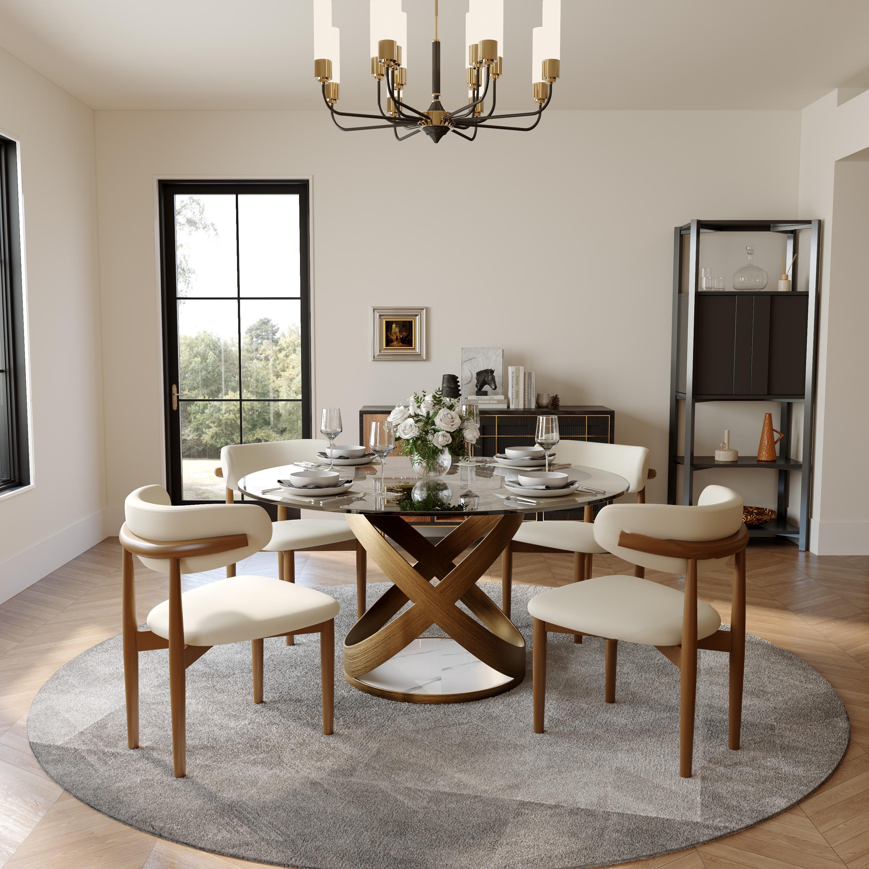 Mid-Century Modern Beige & Bronze PU Leather Dining Chairs