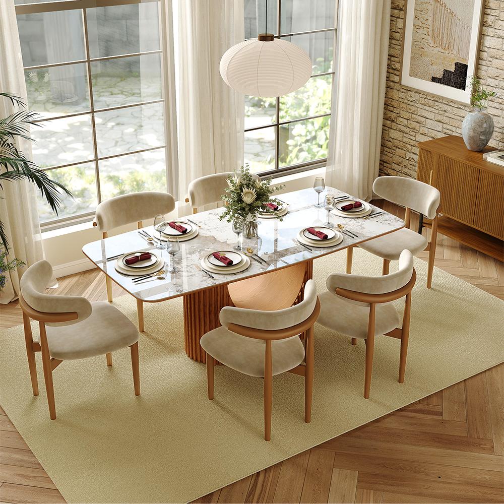 Mid Century Modern Beige & Light Walnut Cotton Linen Dining Chairs