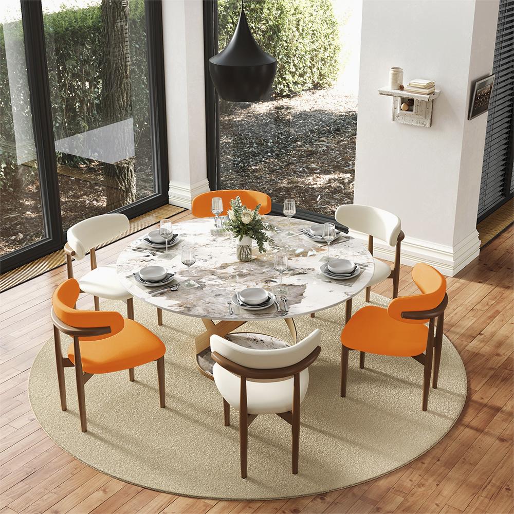 Solid Wood Orange & Light Walnut PU Leather Dining Chairs