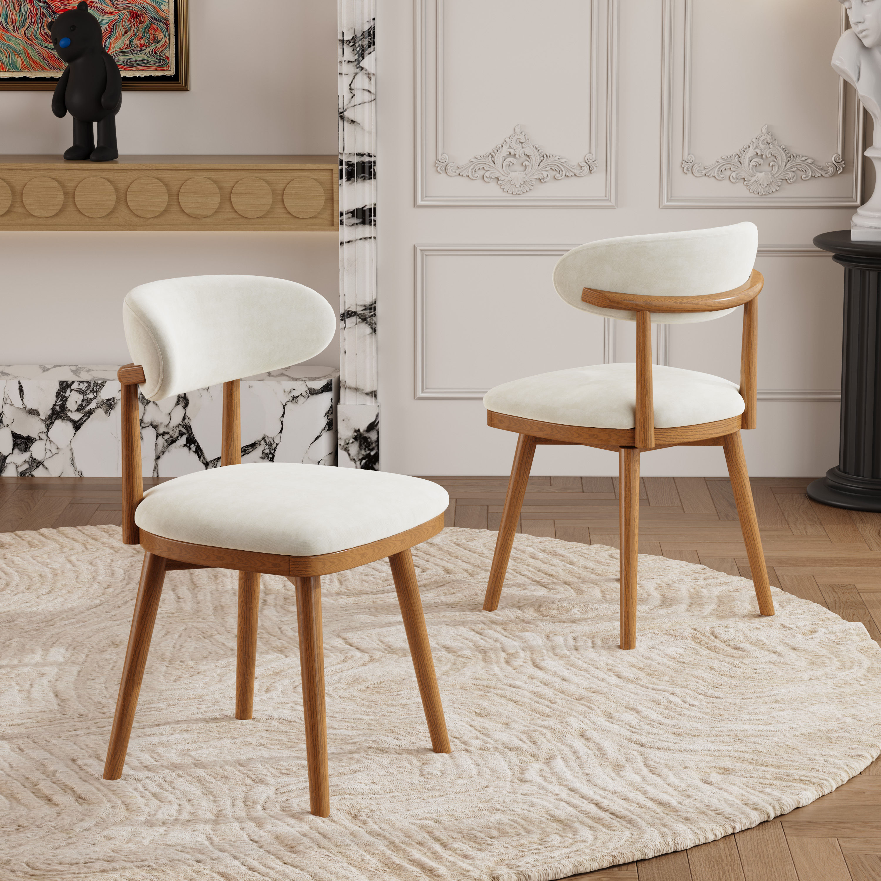Wood Leg Beige & Light Walnut Cotton Linen Dining Chairs