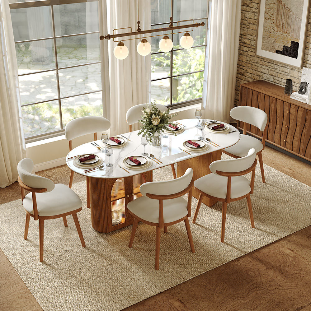 Wood Leg Beige & Light Walnut PU Leather Dining Chairs