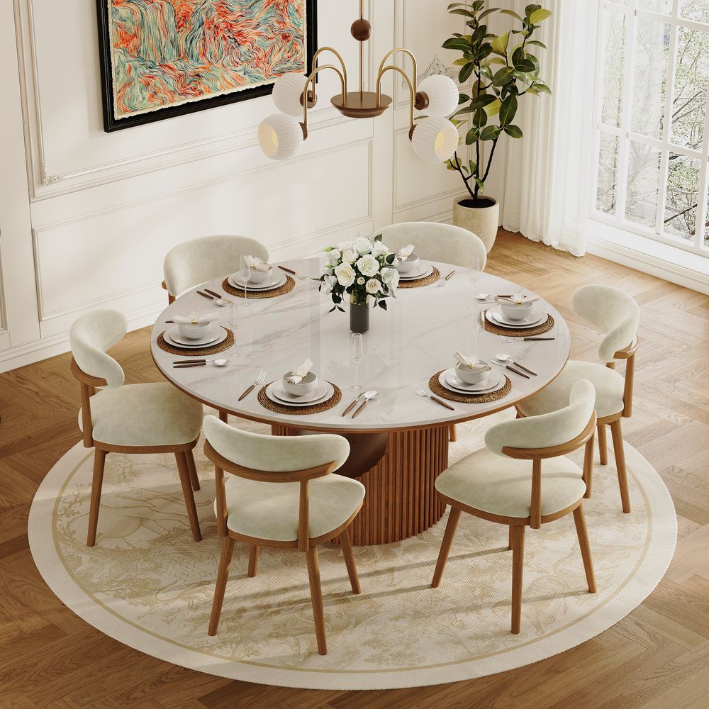 Mid Century Modern Beige & Light Walnut Cotton Linen Dining Chairs