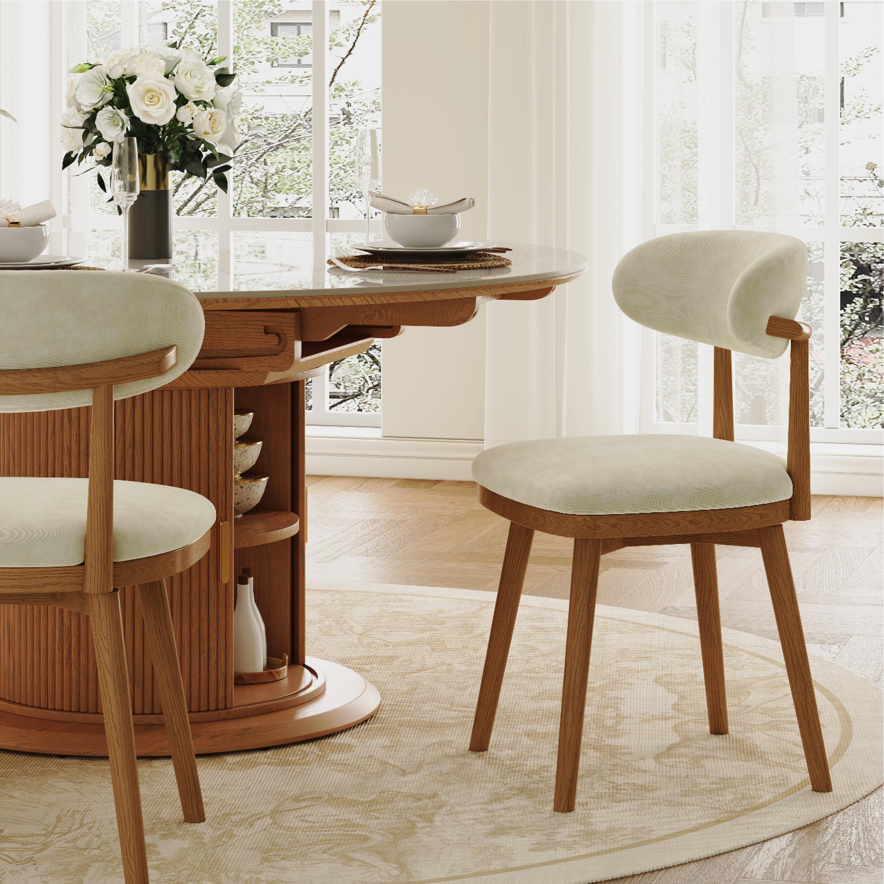 Wood Leg Beige & Light Walnut Cotton Linen Dining Chairs