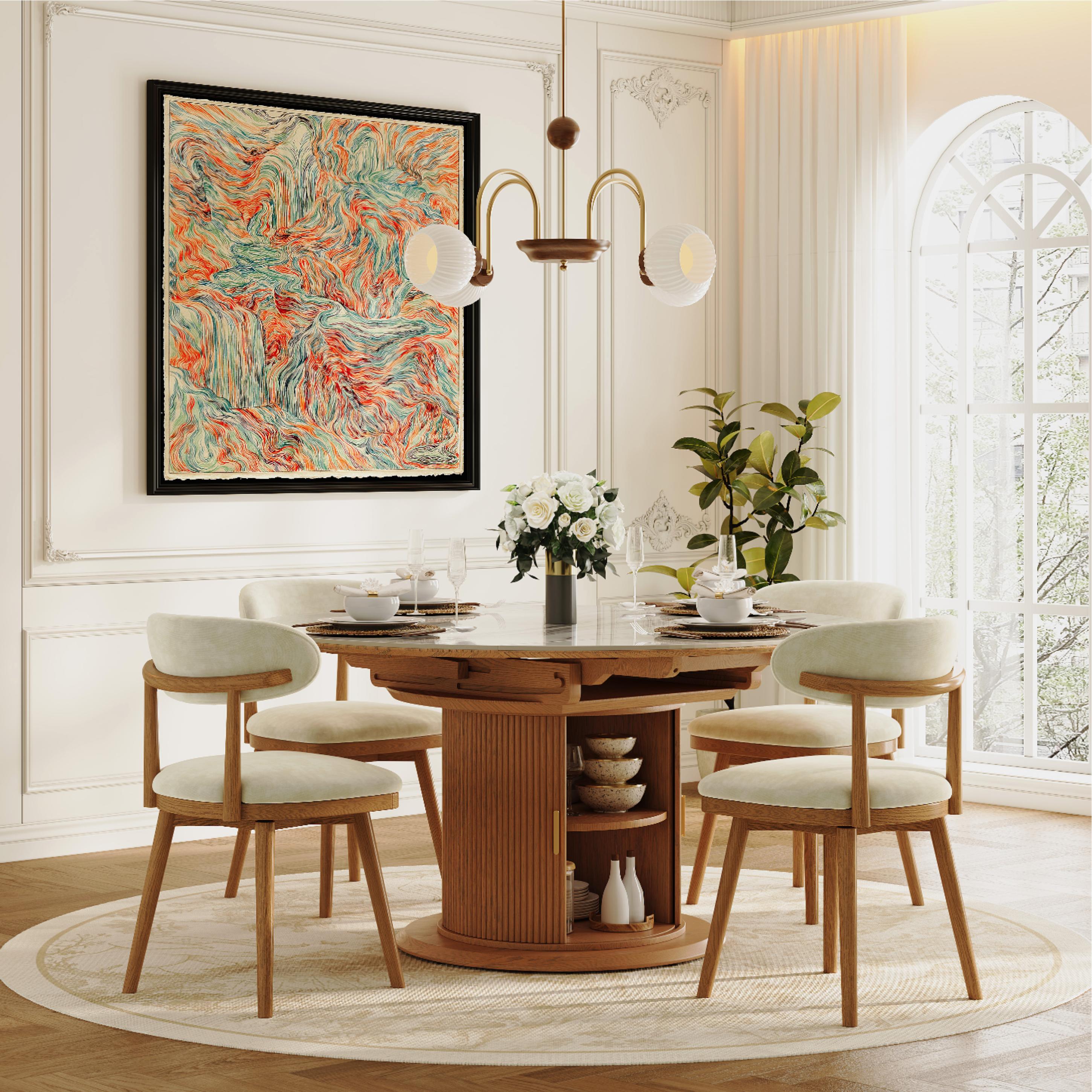 Wood Leg Beige & Light Walnut Cotton Linen Dining Chairs