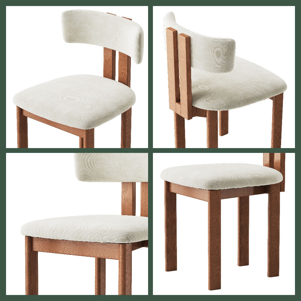 Mid Century Modern Beige & Light Walnut Cotton Linen Dining Chairs