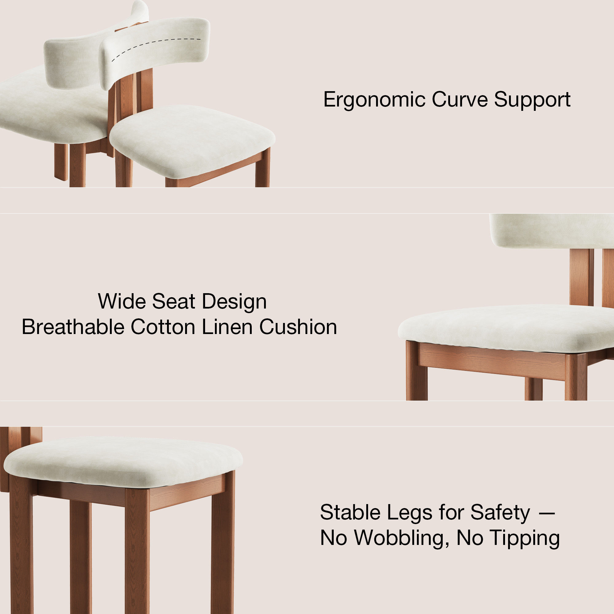 Solid Wood Leg Beige & Light Walnut Cotton Linen Dining Chairs