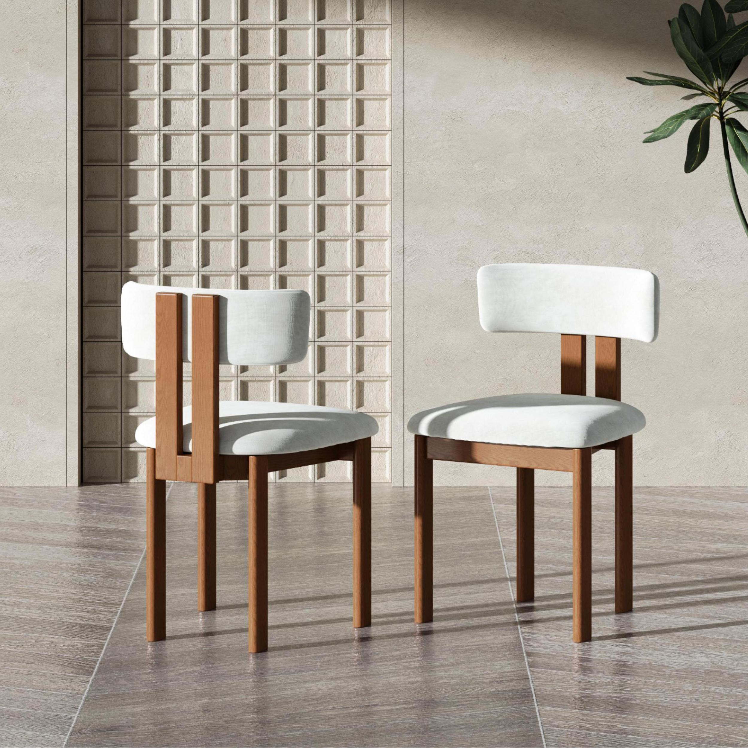 Mid Century Modern Beige & Light Walnut Cotton Linen Dining Chairs