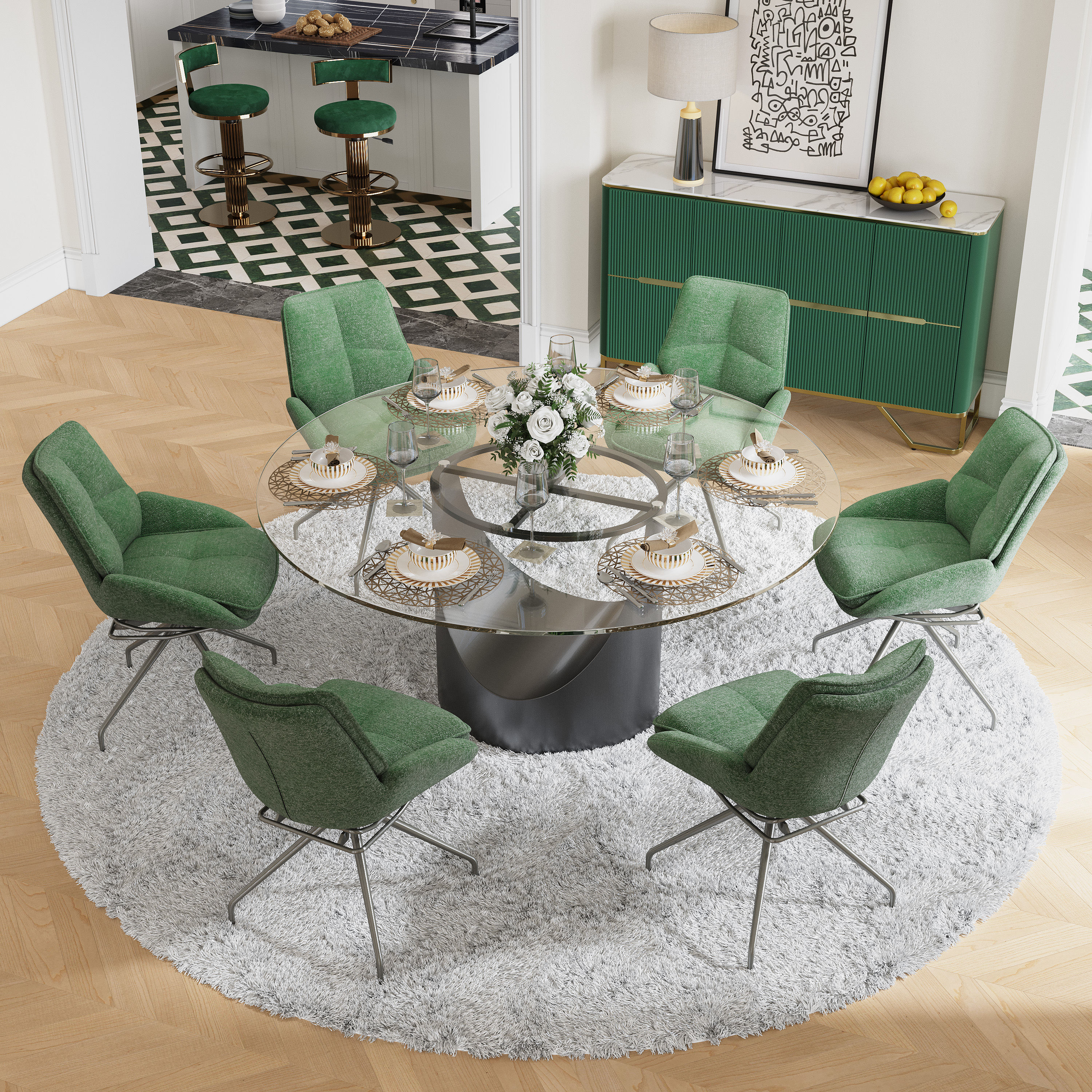 Swivel Green & Silver Chenille Dining Chairs
