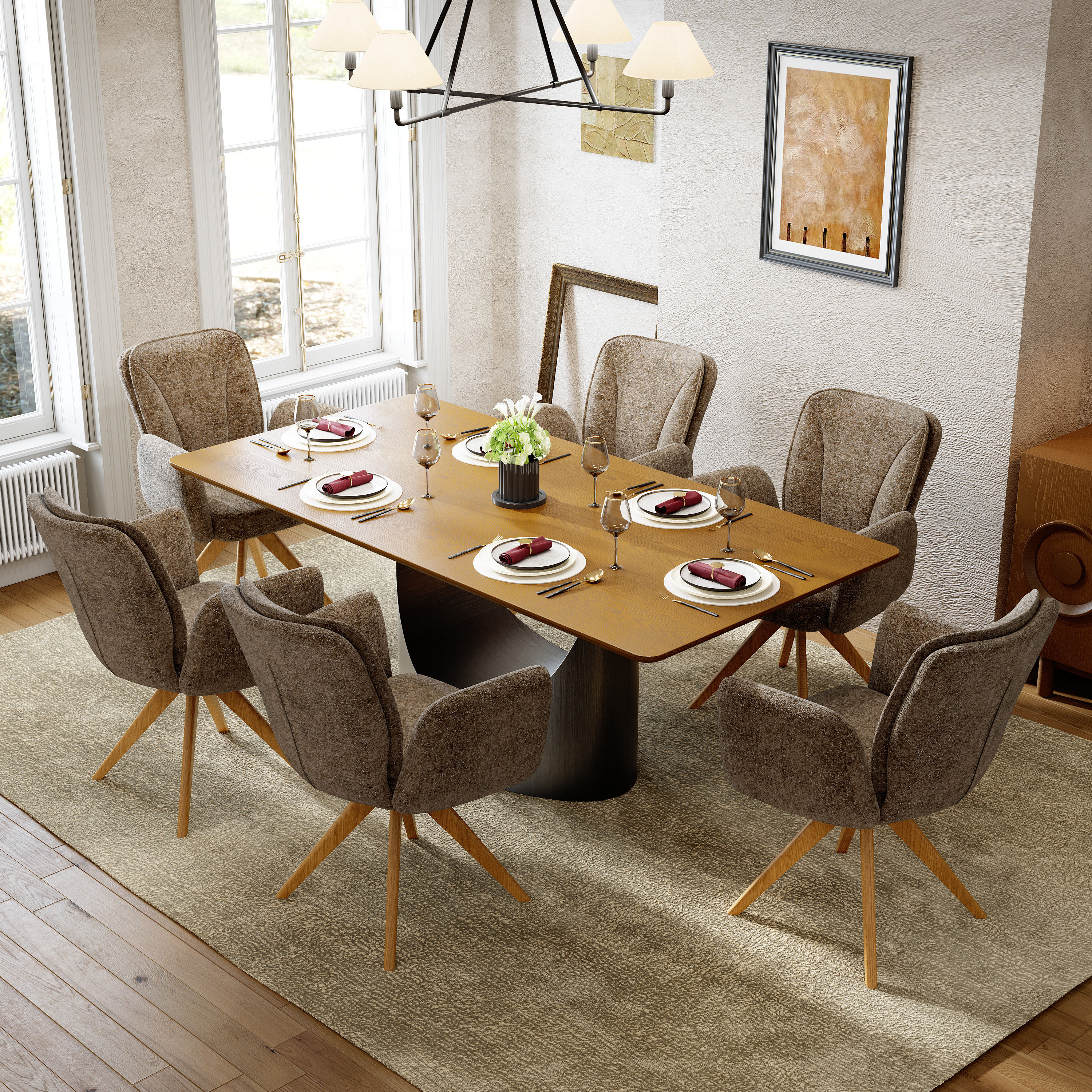 Swivel Brown & wood color Fabric Dining Chairs