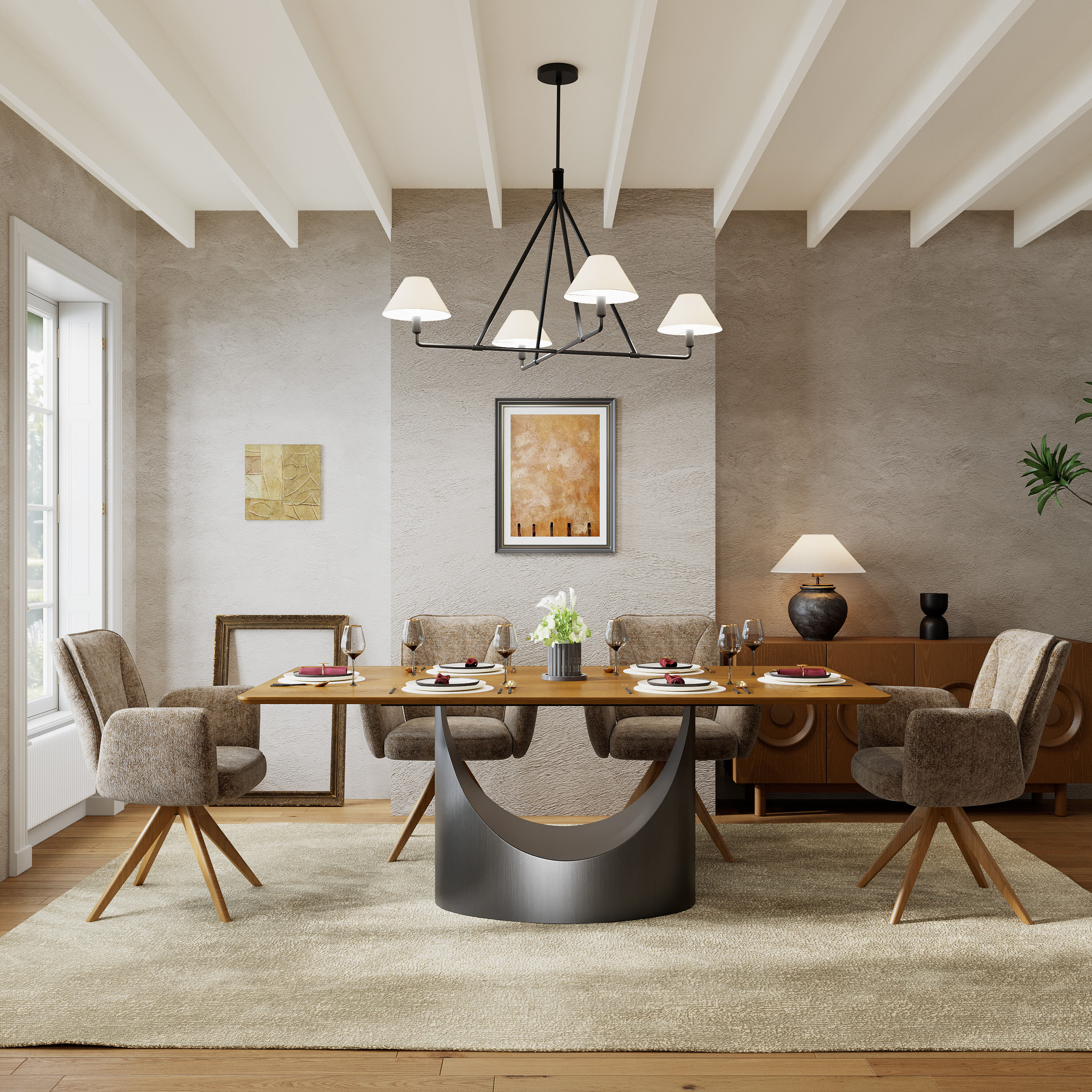 Solid Wood Leg Brown & wood color Fabric Dining Chairs