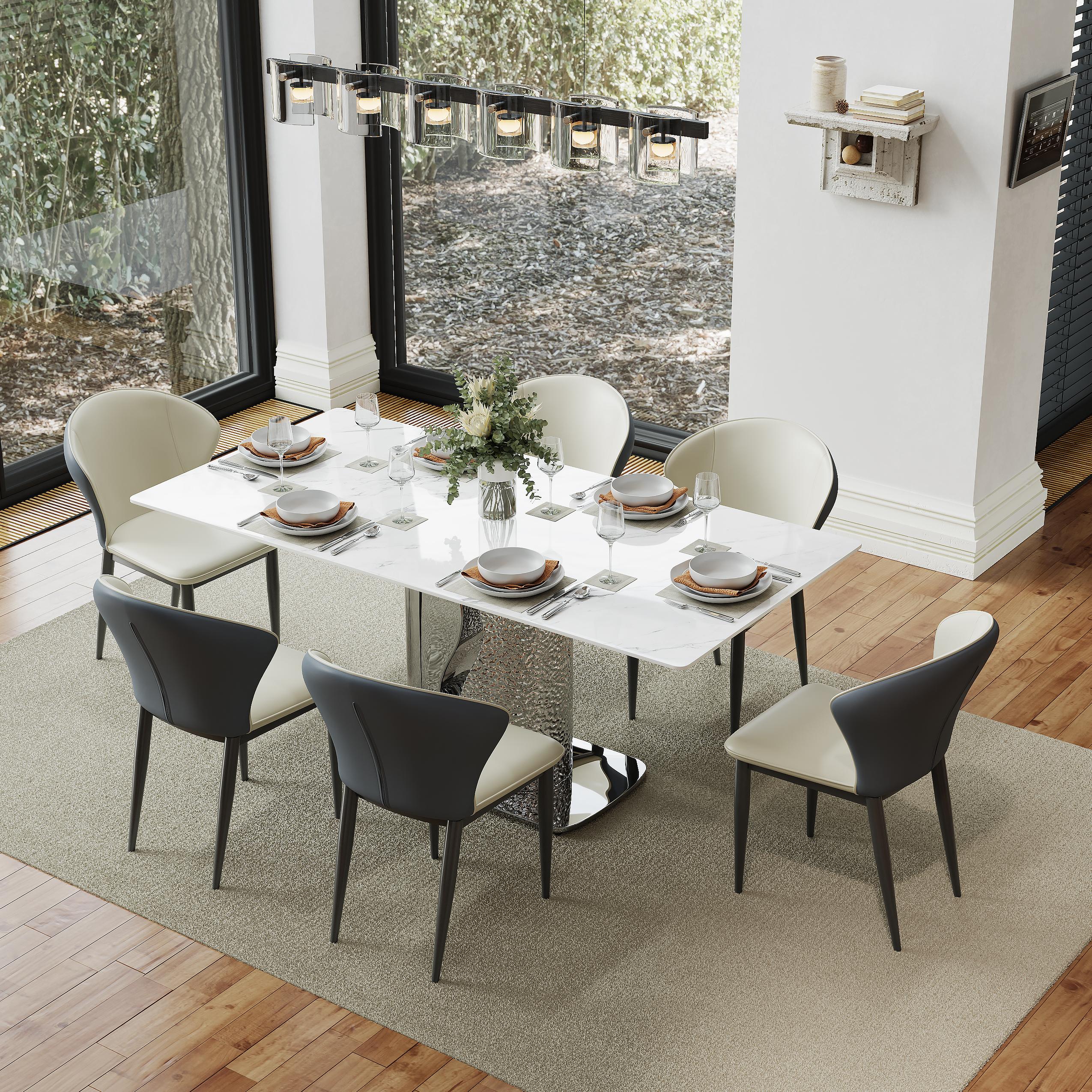 Stainless Steel Gray & Beige PU Leather Dining Chairs