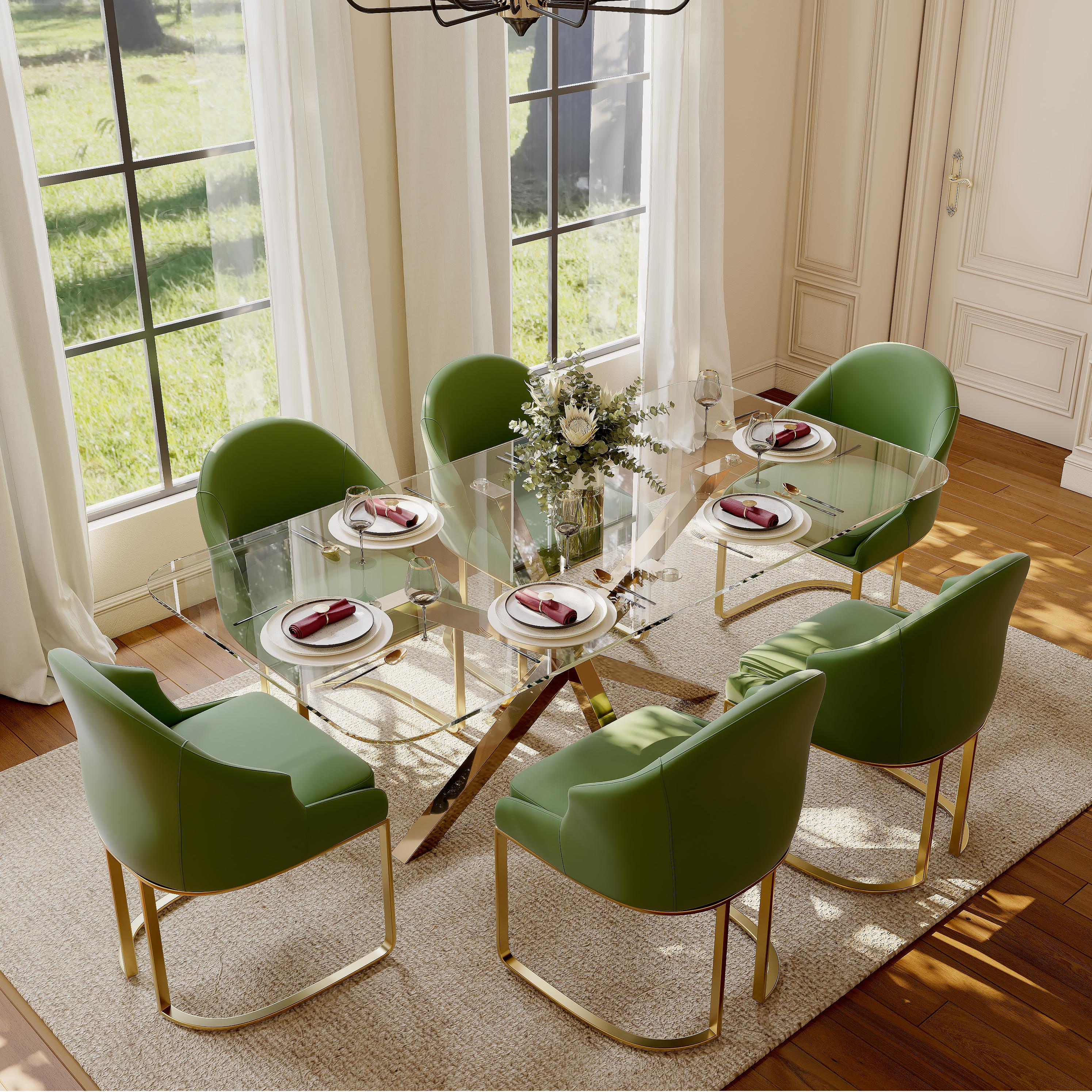 Stainless Steel Green Leather Dining Chairs