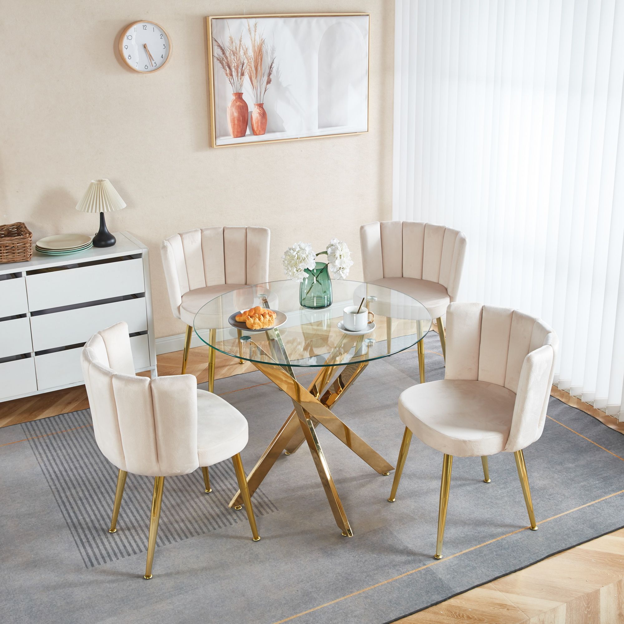 Armless Beige & Gold Velvet Dining Chairs