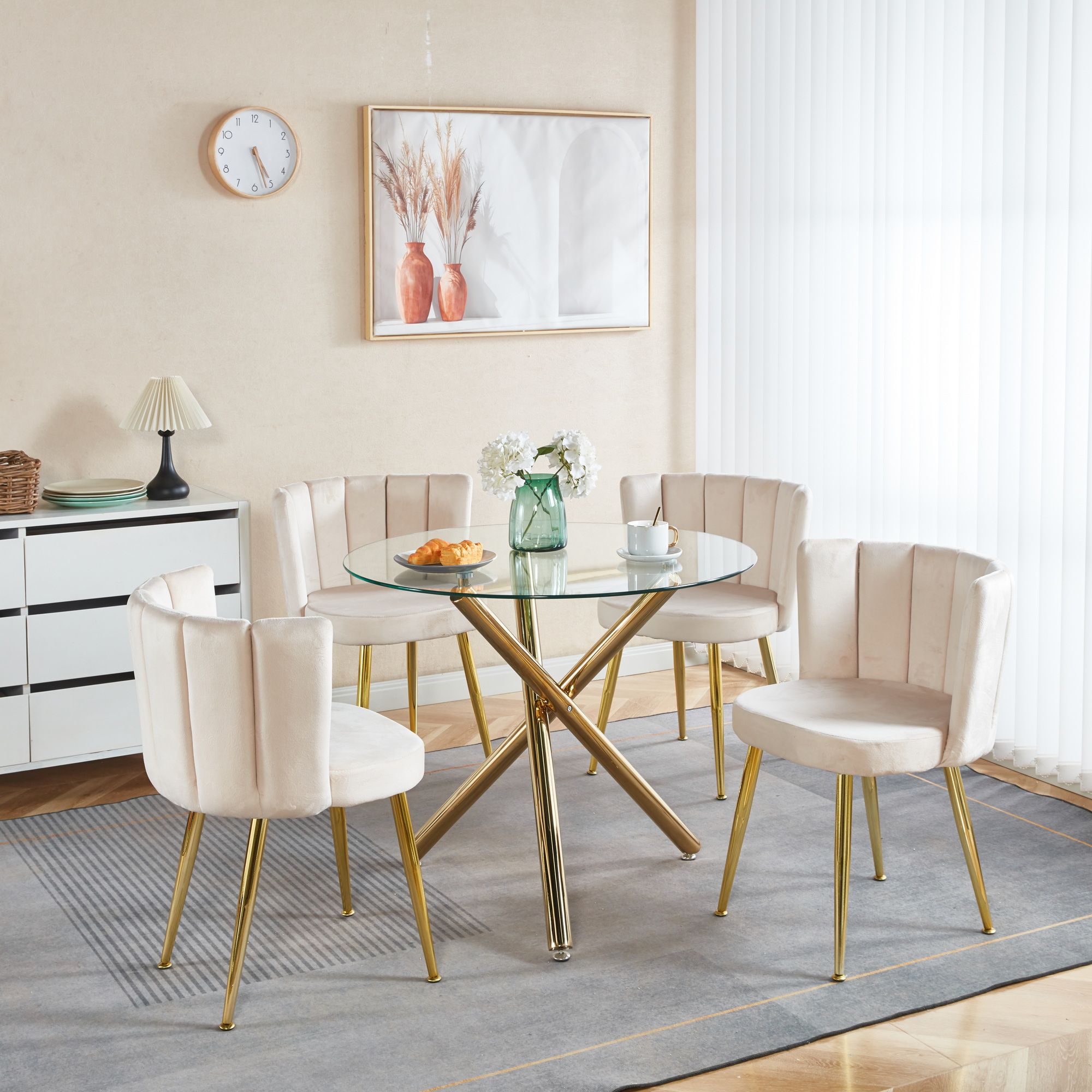 Armless Beige & Gold Velvet Dining Chairs