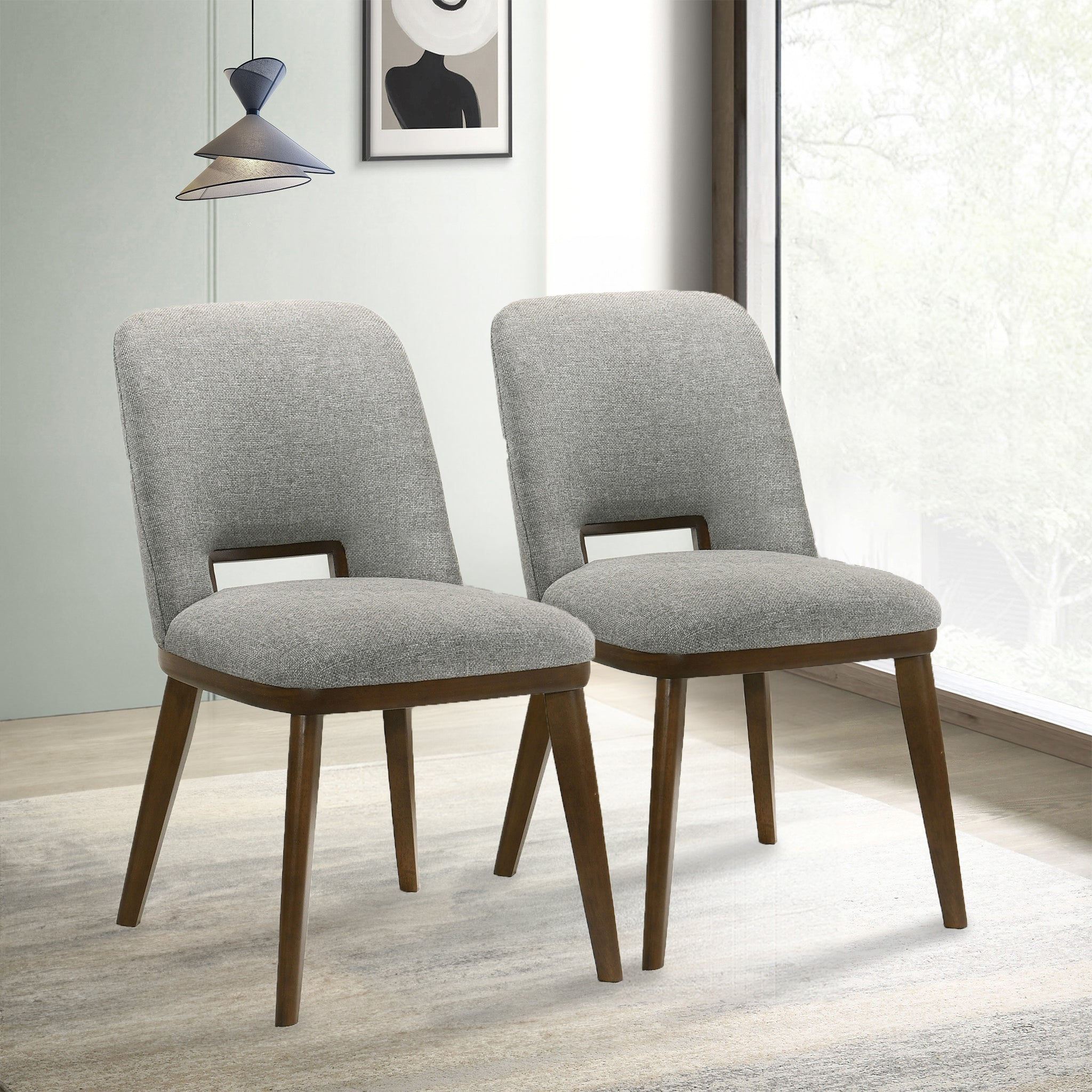 Armless Light Gray & Walnut Fabric Dining Chairs