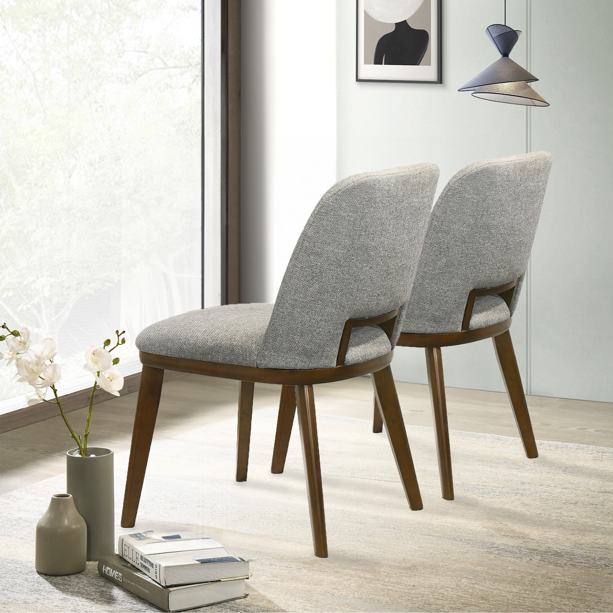 Armless Light Gray & Walnut Fabric Dining Chairs