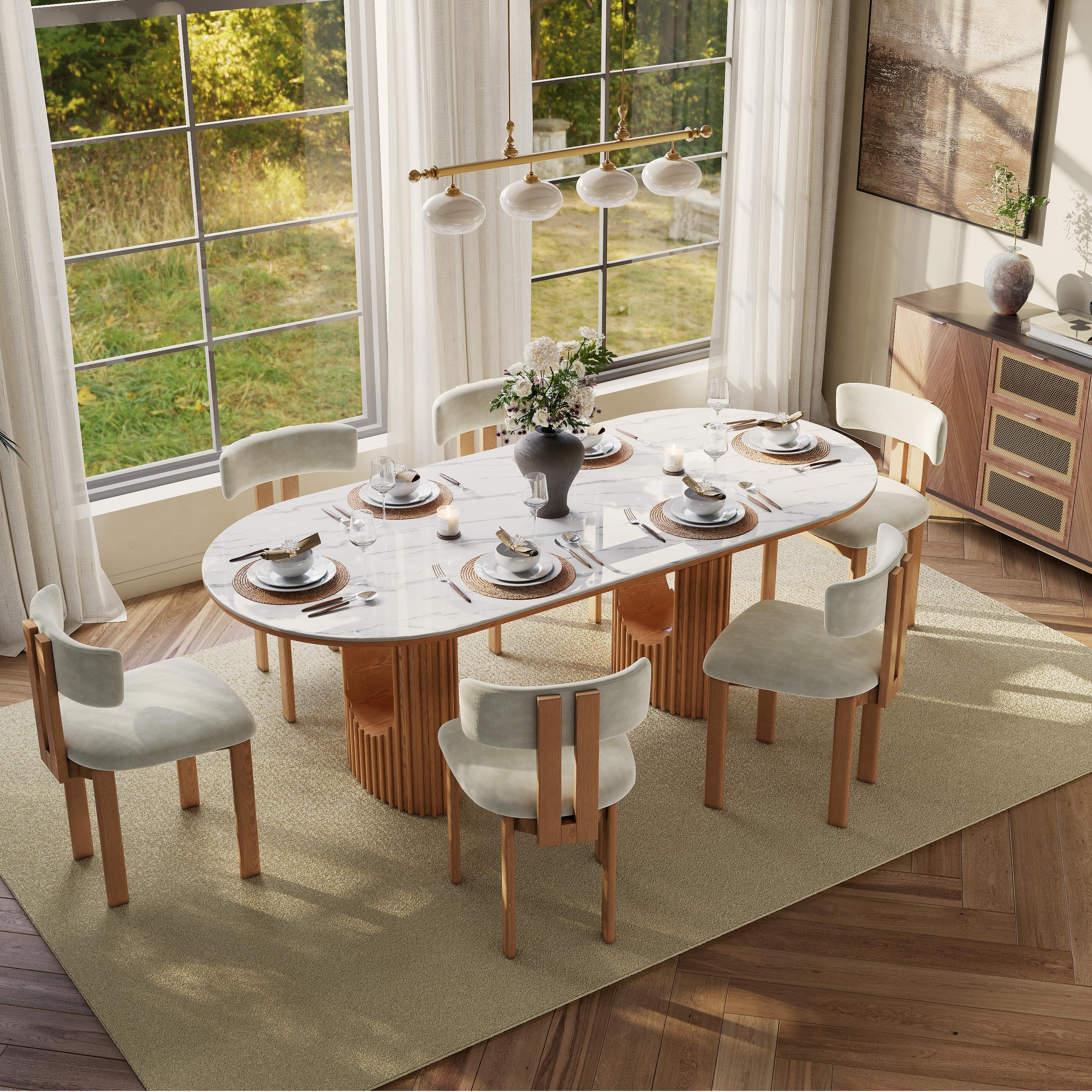 Wood Chair Beige & Light Walnut Cotton Linen Dining Chairs