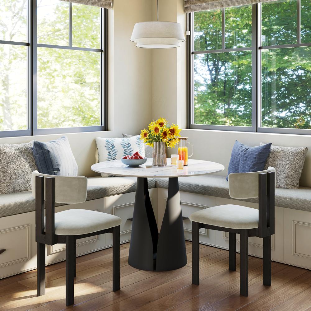Leather Beige & Black Cotton Linen Dining Chairs