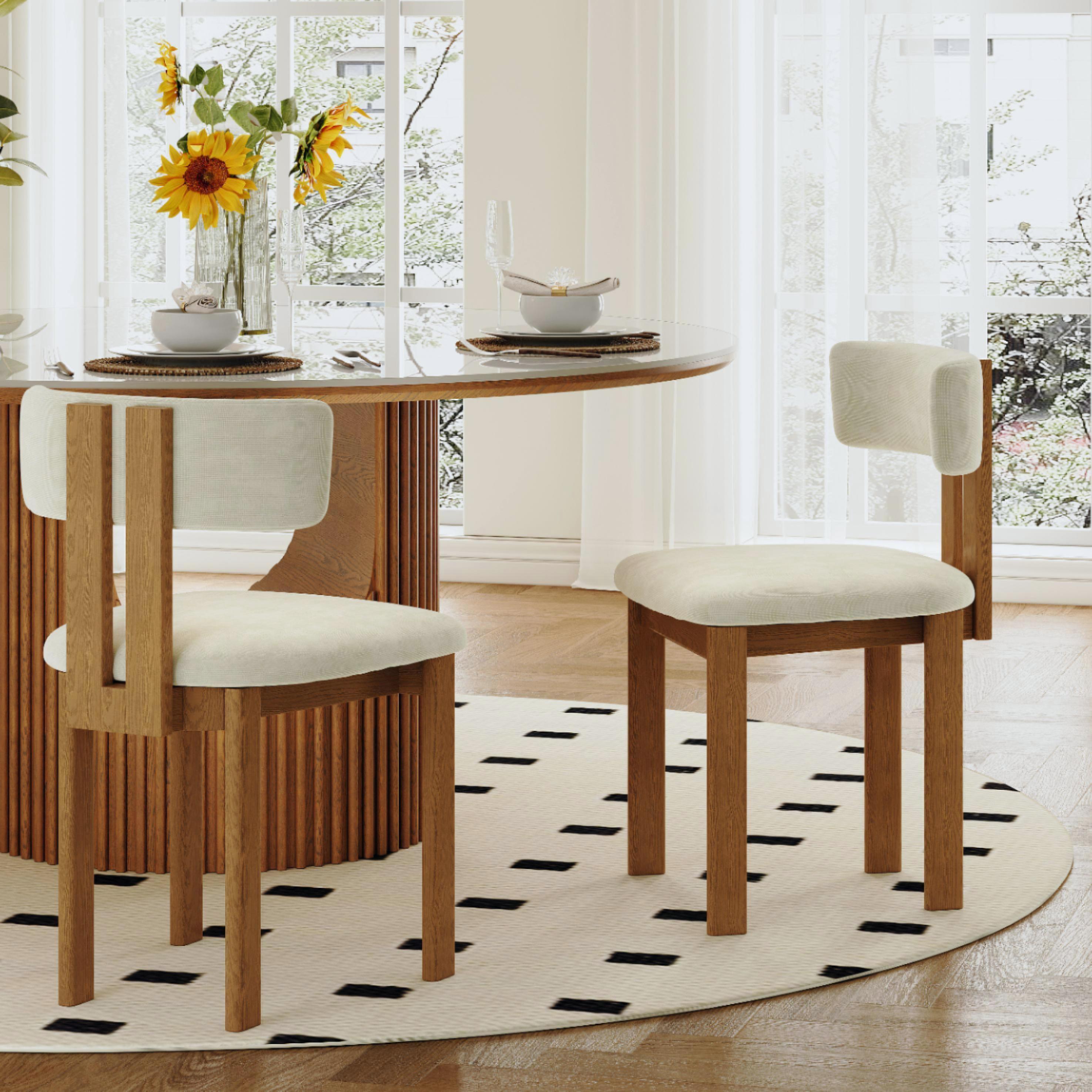 Wood Beige & Light Walnut Cotton Linen Dining Chairs