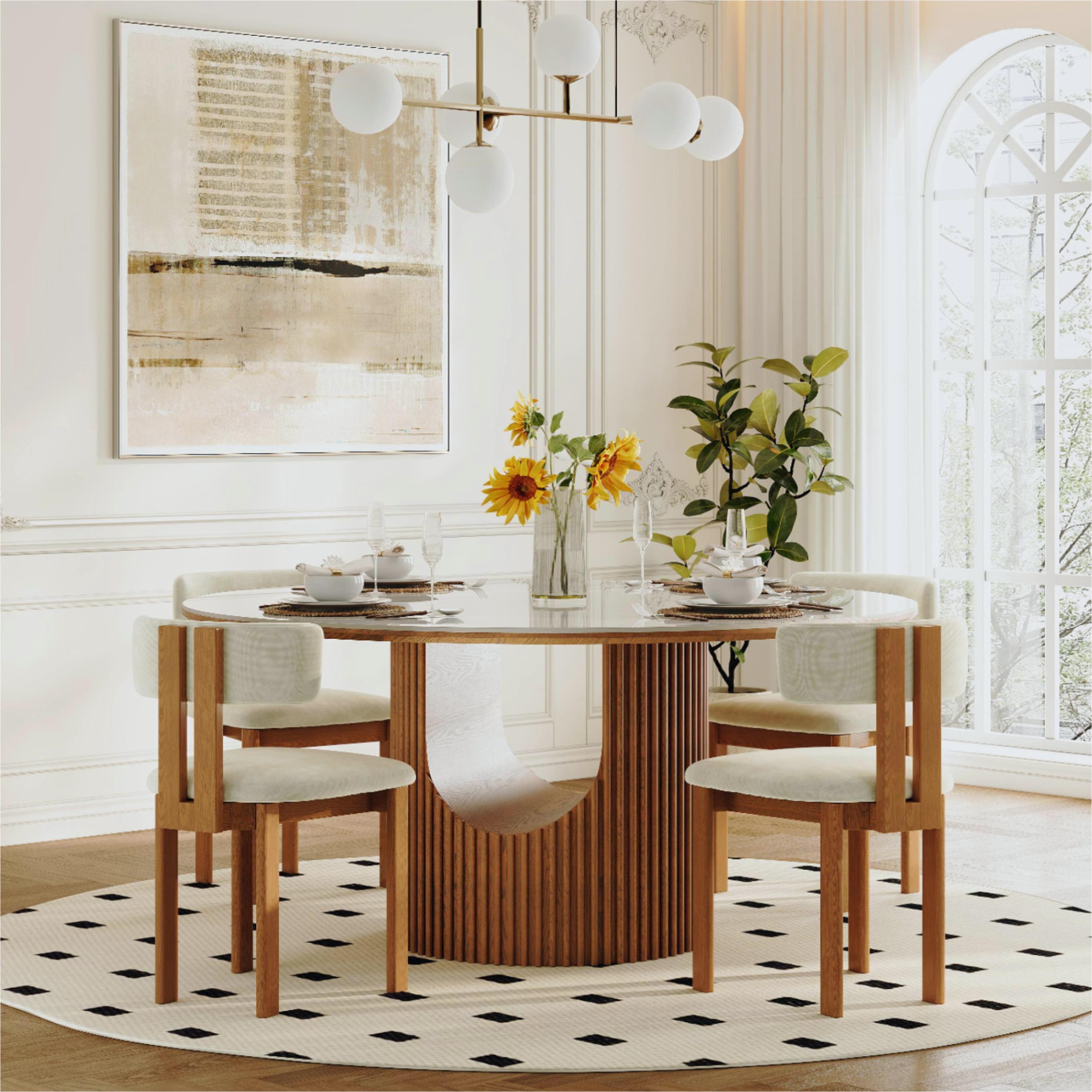 Wood Chair Beige & Light Walnut Cotton Linen Dining Chairs
