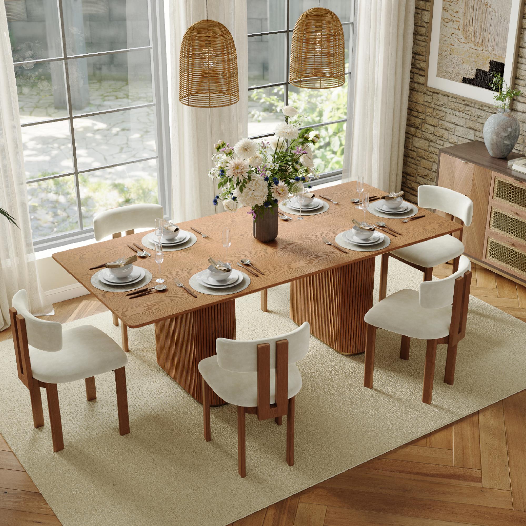 Wood Beige & Light Walnut Cotton Linen Dining Chairs