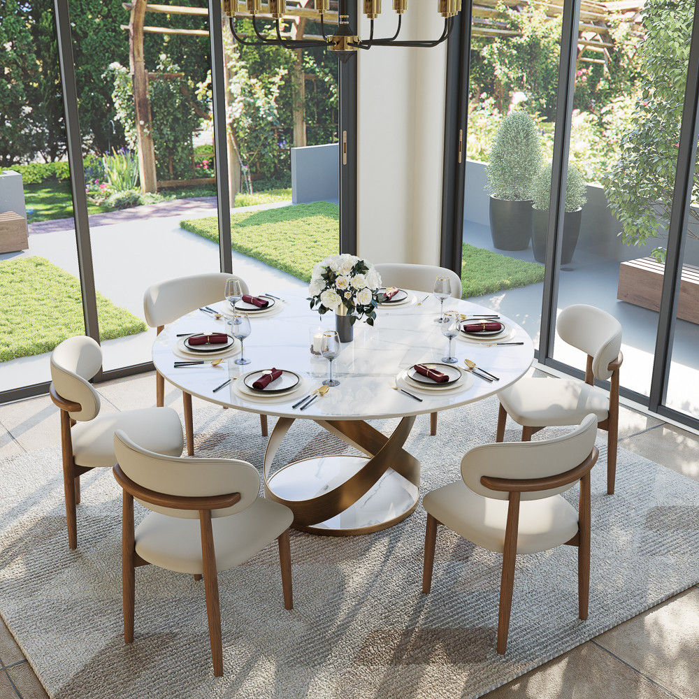 Side Chairs Beige & Walnut PU Leather Dining Chairs