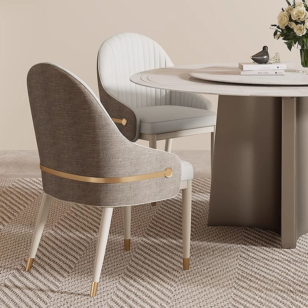 Stainless Steel Light Gray & Gray Faux Leather & Linen Dining Chairs