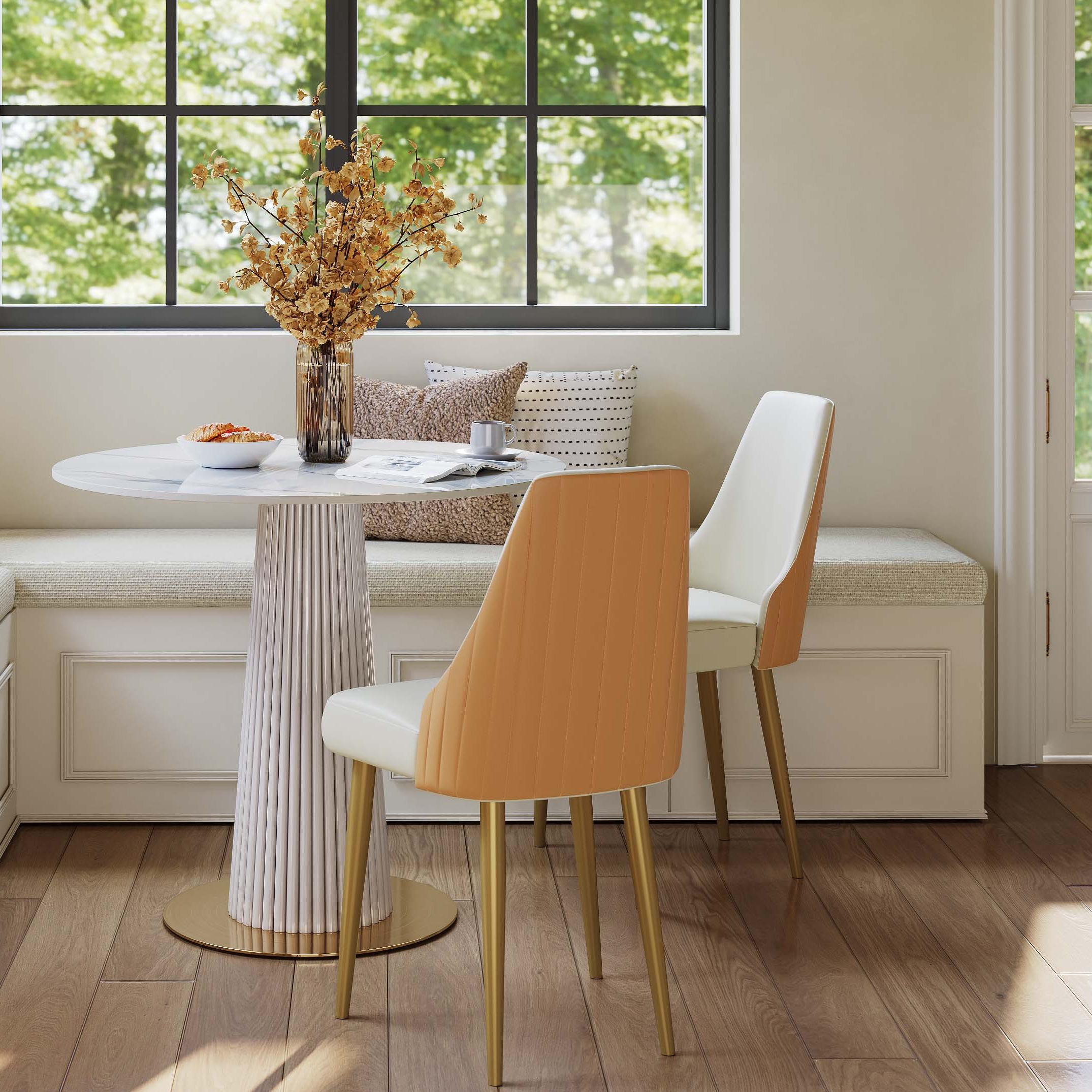 Modern Luxury Orange & Beige PU Leather Dining Chairs