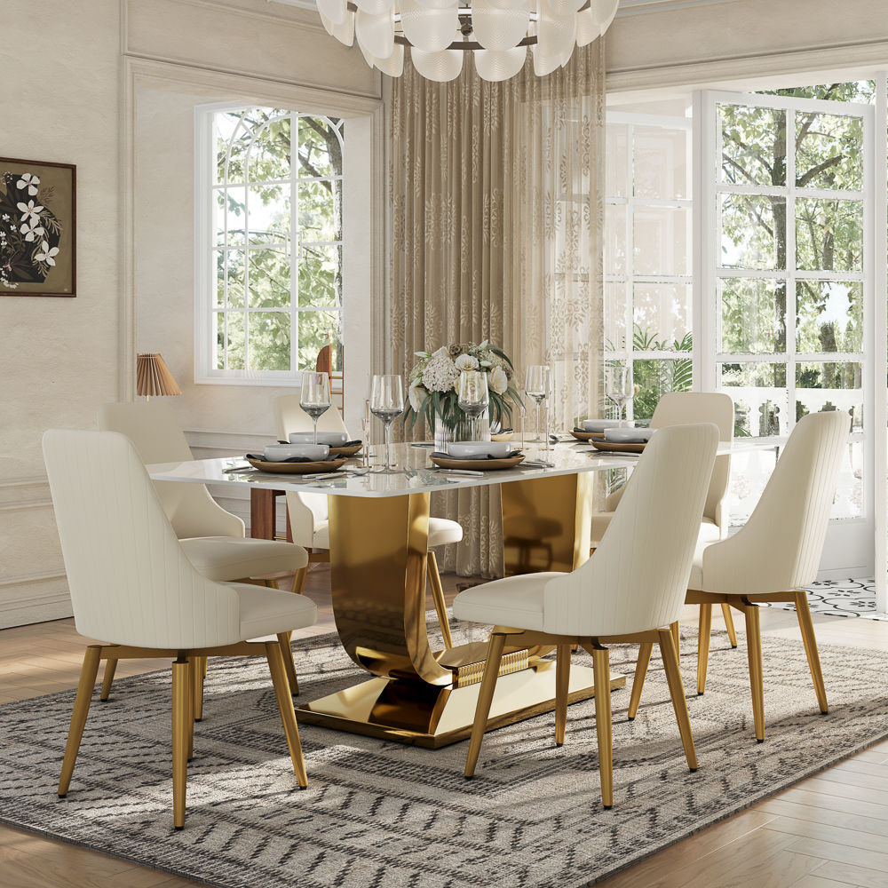 Stainless Steel Beige & Gold PU Leather Dining Chairs