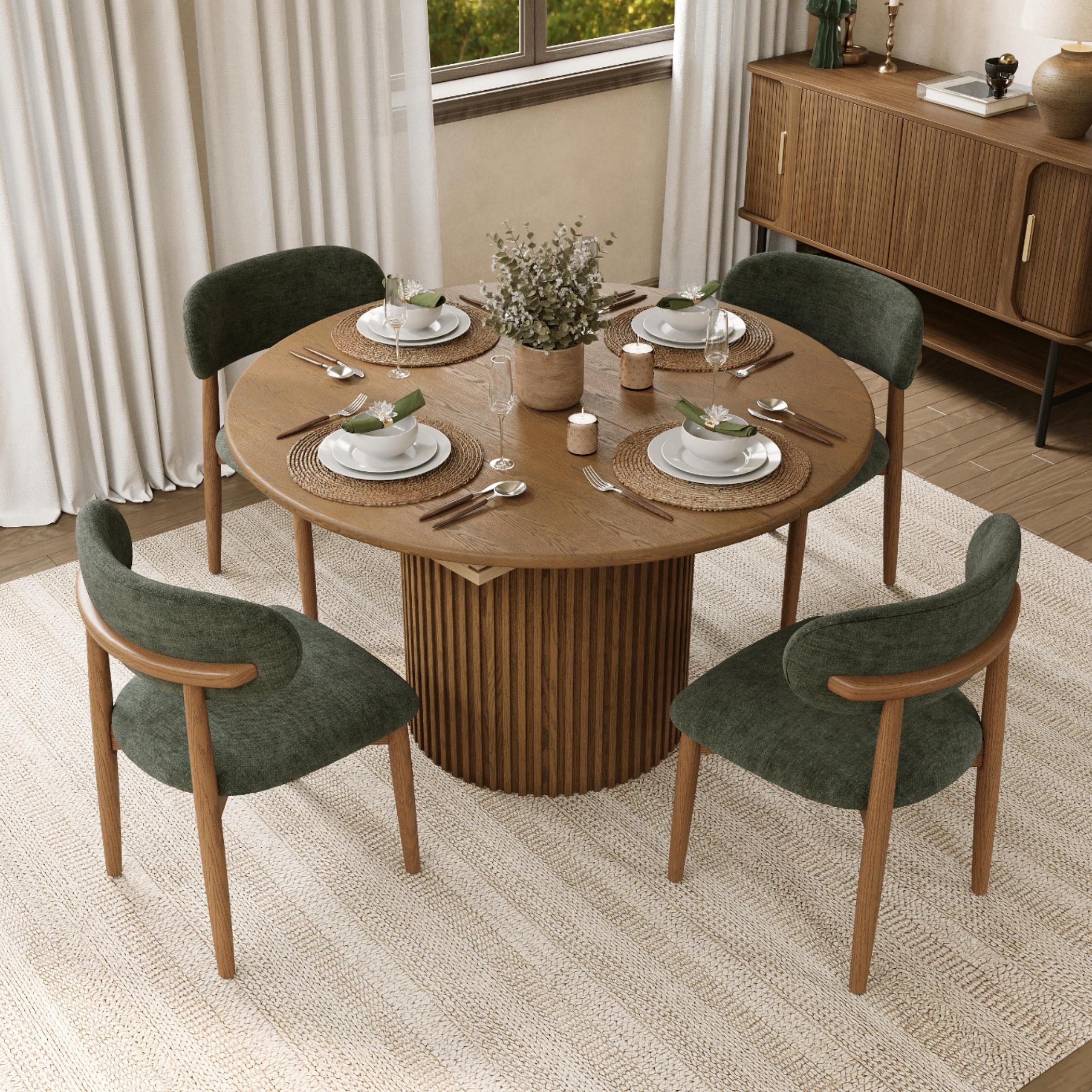 Wood Leg Green & Walnut Cotton Linen Dining Chairs