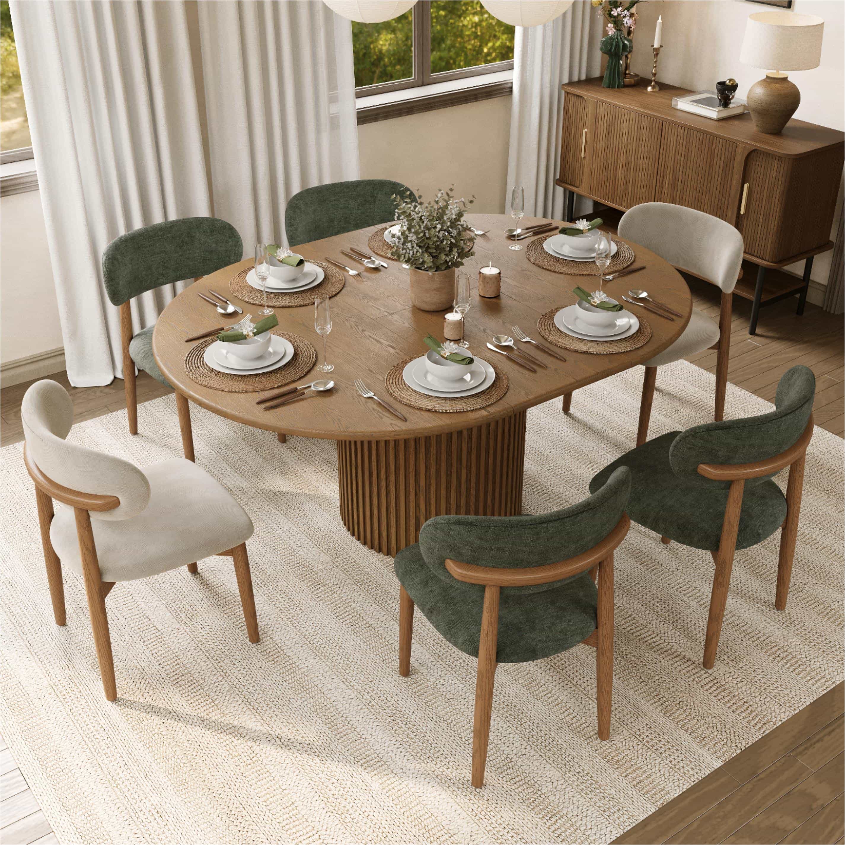 Mid Century Modern Green & Walnut Cotton Linen Dining Chairs