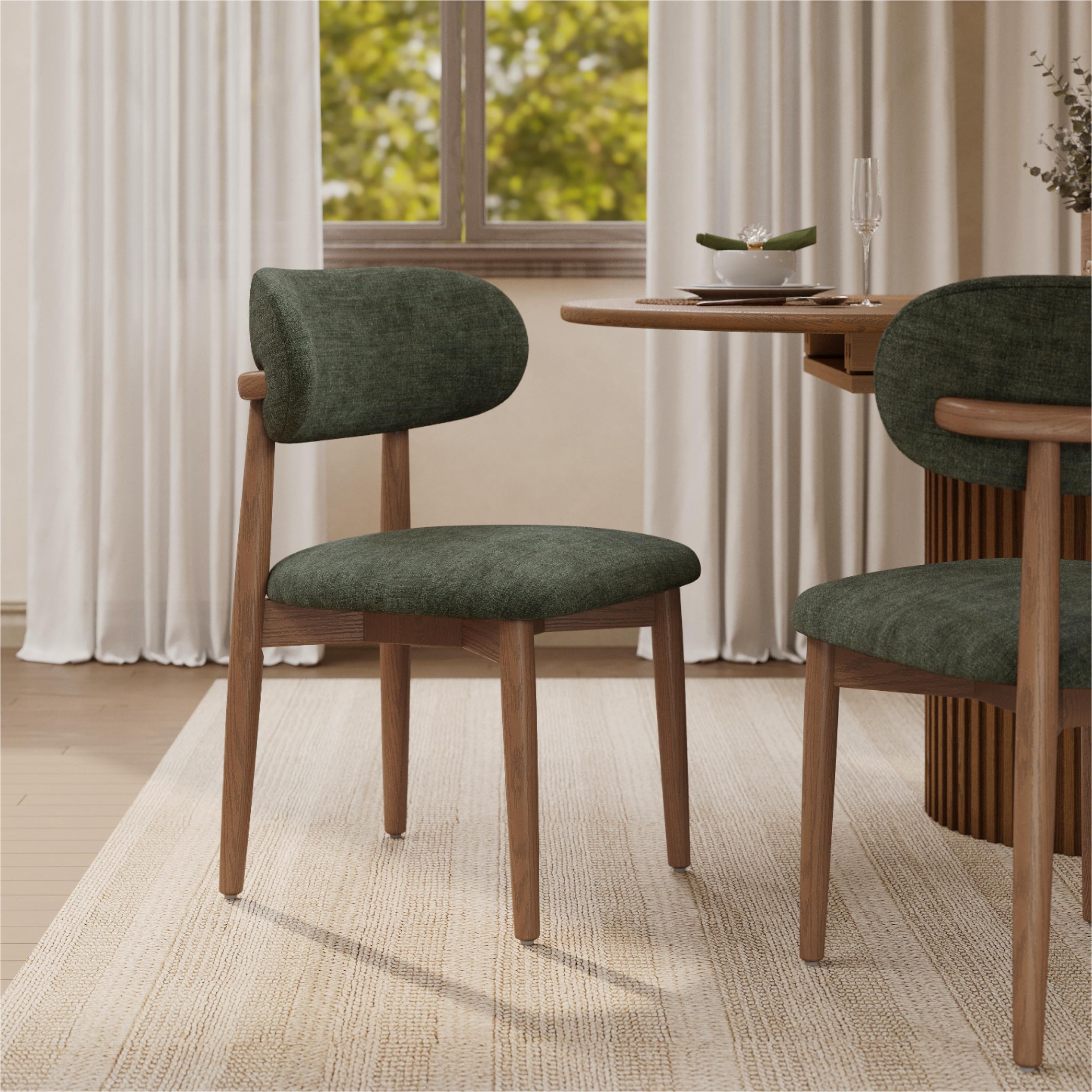 Mid Century Modern Green & Walnut Cotton Linen Dining Chairs