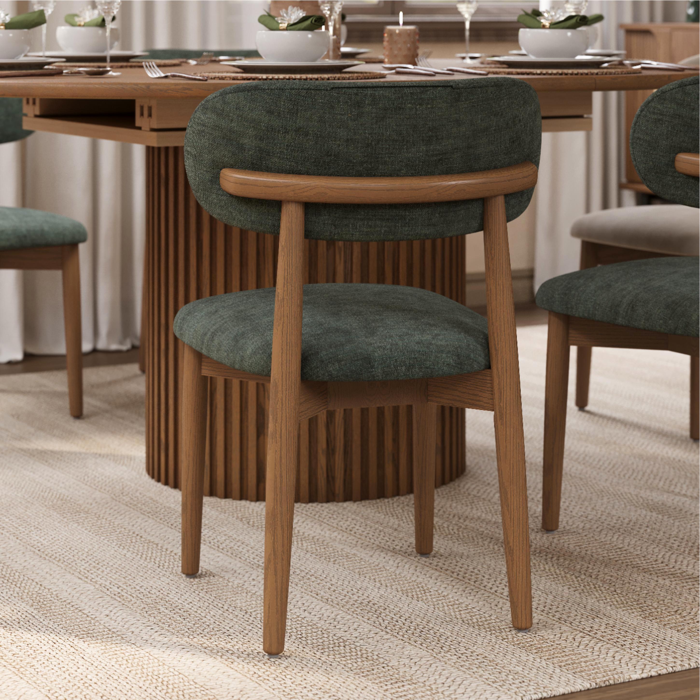 Wood Leg Green & Walnut Cotton Linen Dining Chairs
