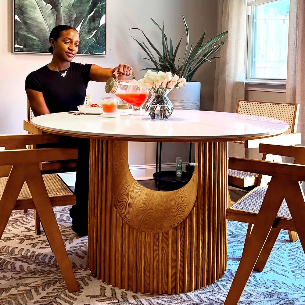 Wood Light Walnut & Khaki Rattan Dining Chairs