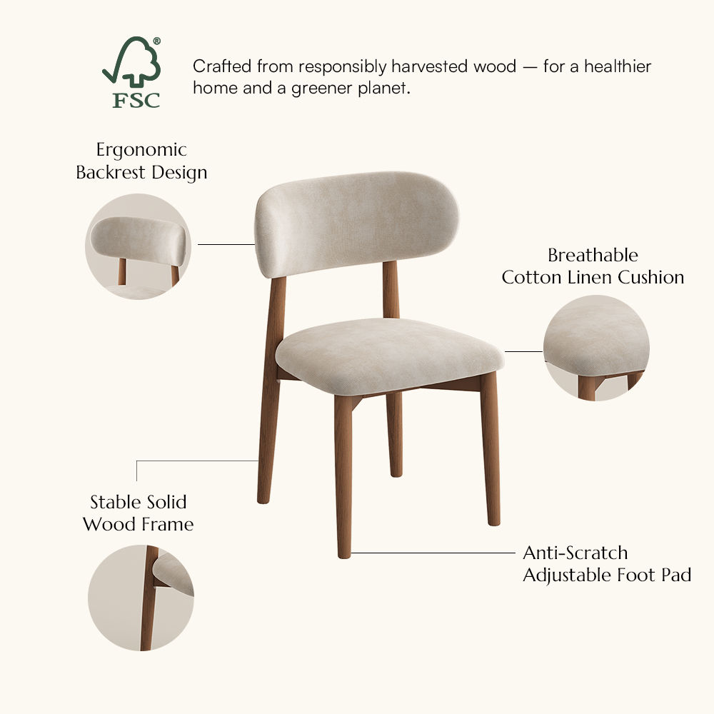 Solid Wood Beige & Light Walnut Cotton Linen Dining Chairs