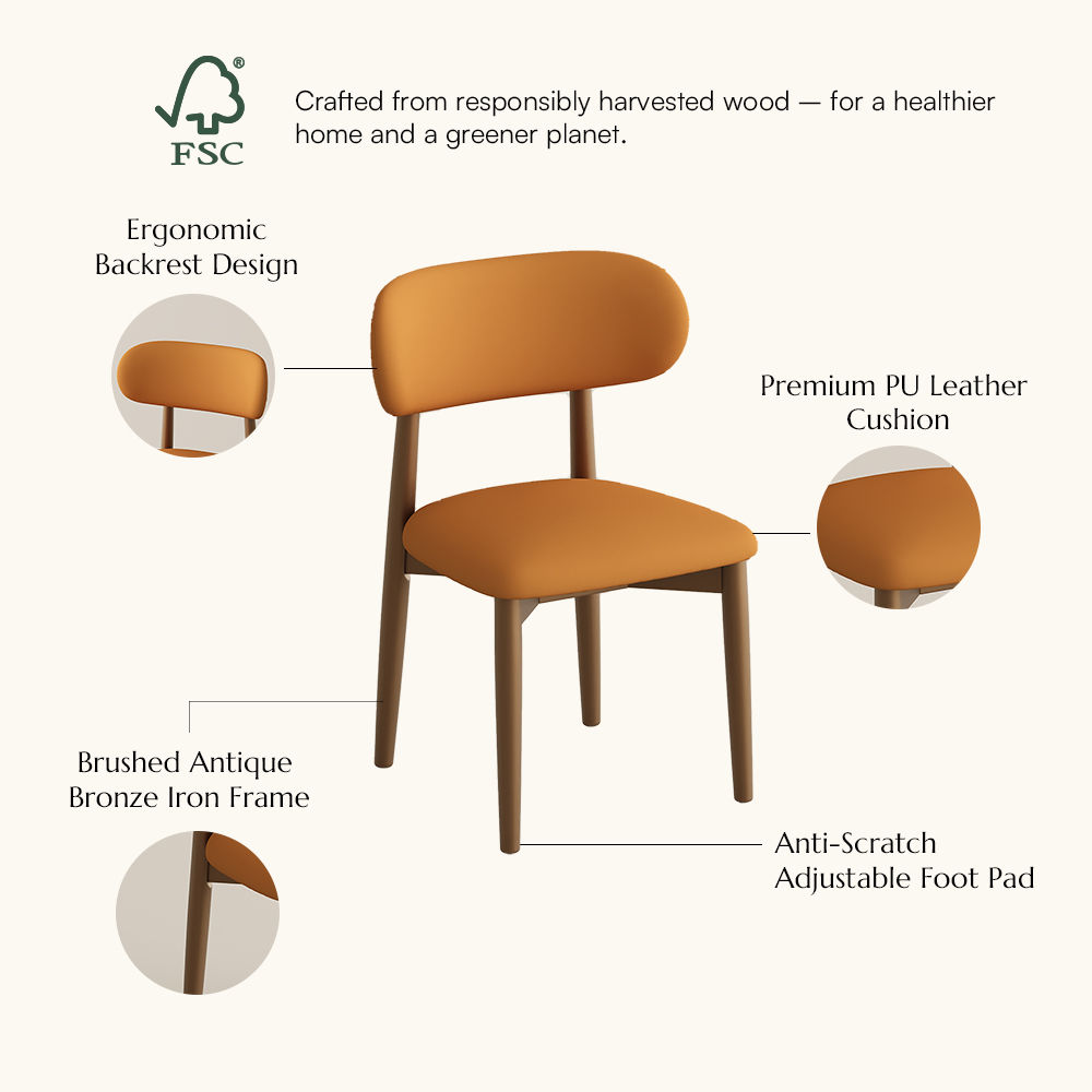 Mid Century Modern Orange & Bronze PU Leather Dining Chairs