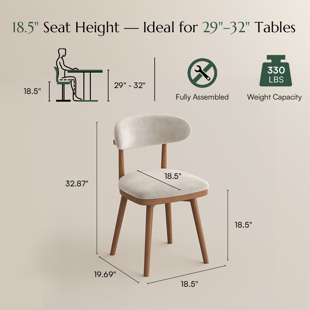 Mid Century Modern Beige & Light Walnut Cotton Linen Dining Chairs