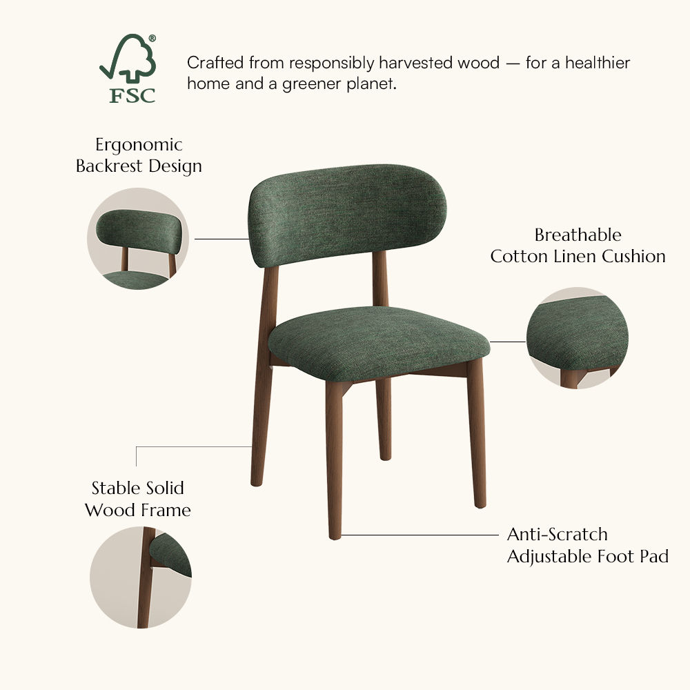 Wood Leg Green & Light Walnut Cotton Linen Dining Chairs
