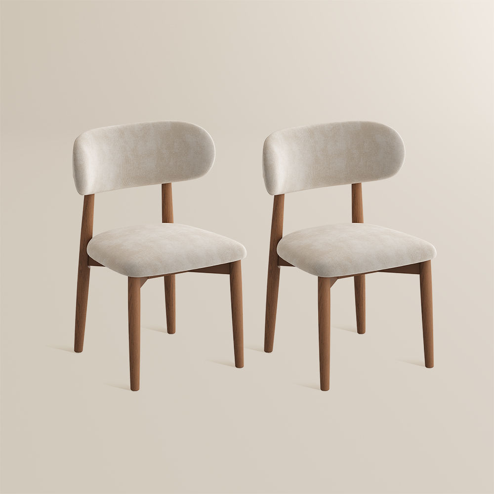 Mid Century Modern Beige & Light Walnut Cotton Linen Dining Chairs