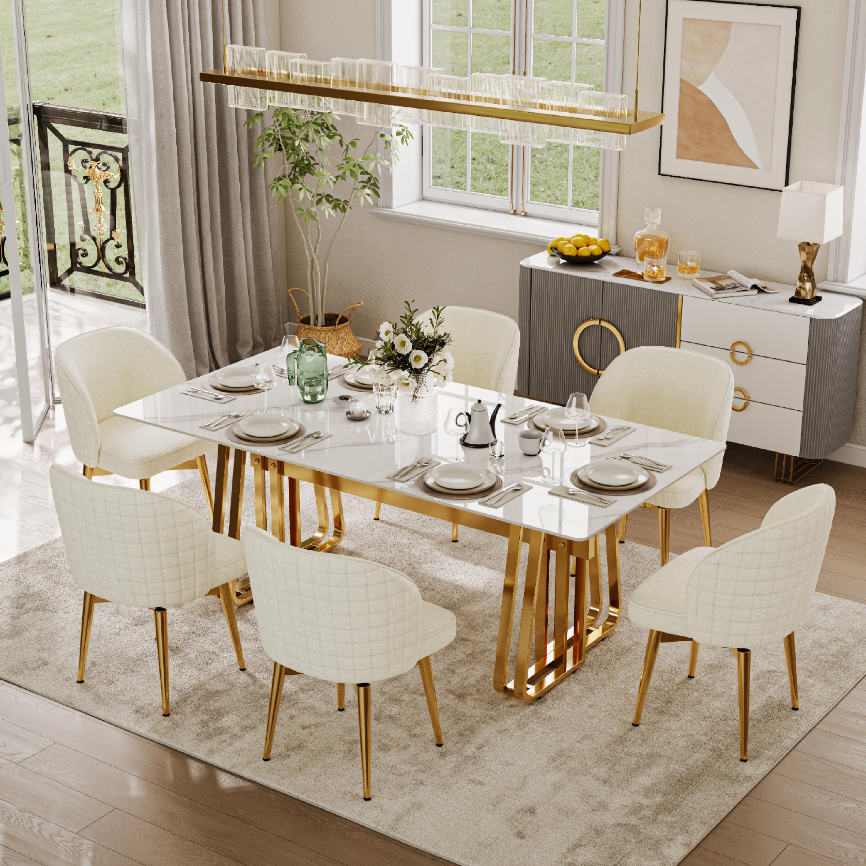 Stainless Steel Beige & Gold Flannel Dining Chairs