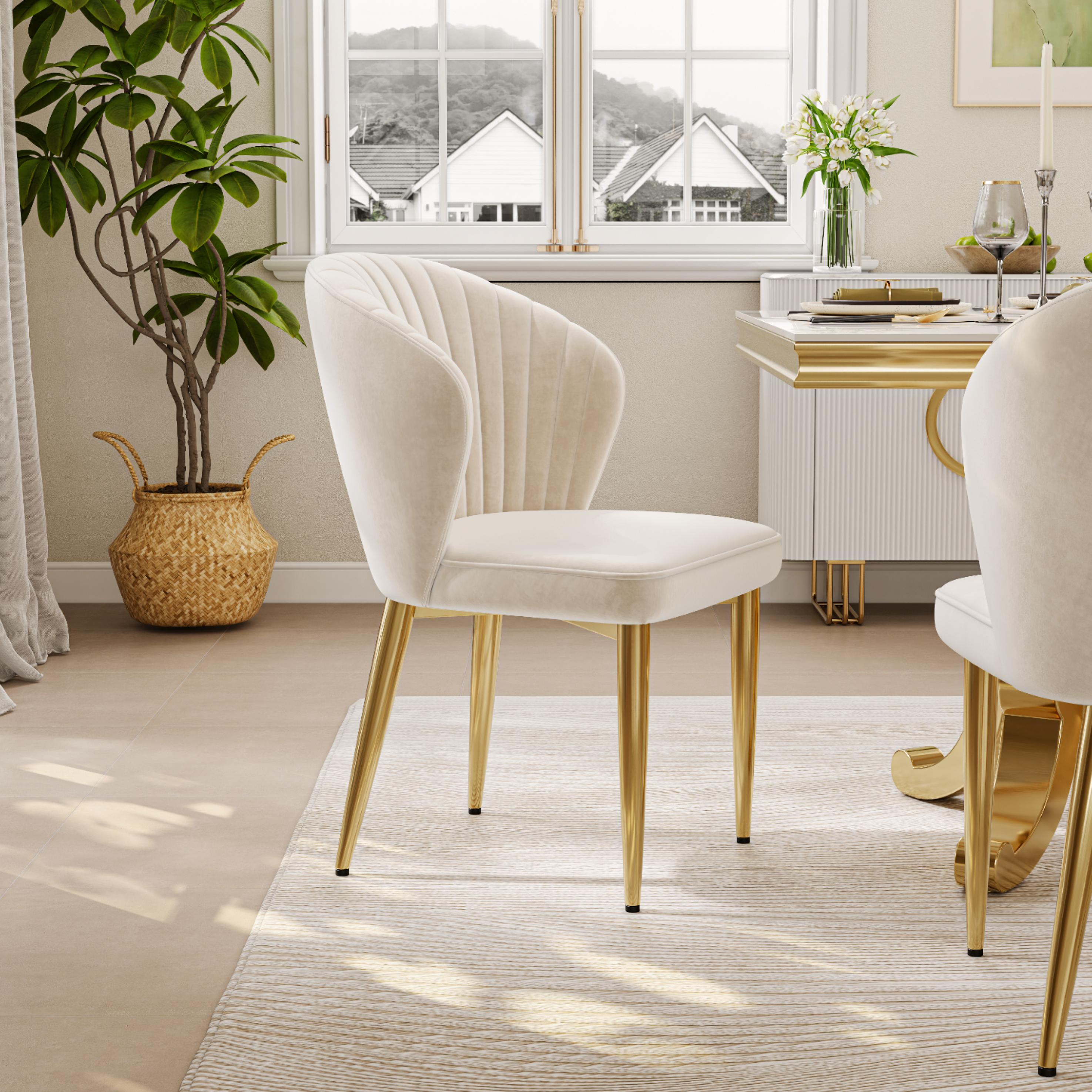 Stainless Steel Beige & Gold Flannel Dining Chairs