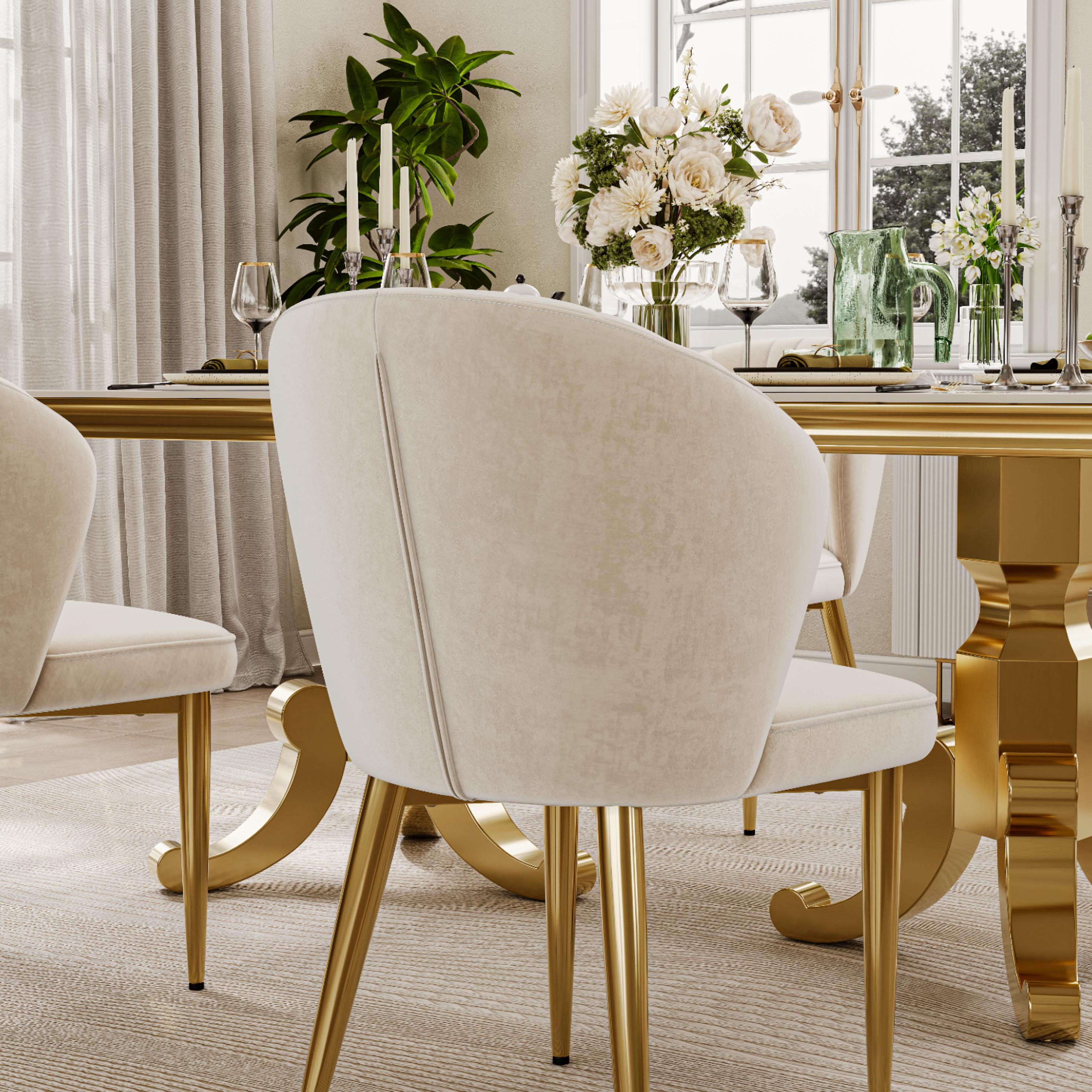 Modern Luxury Beige & Gold Flannel Dining Chairs