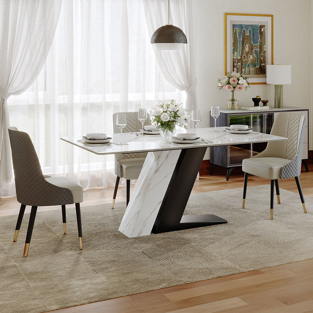 for 4 White & Black Glossy Sintered Stone Dining Room Set