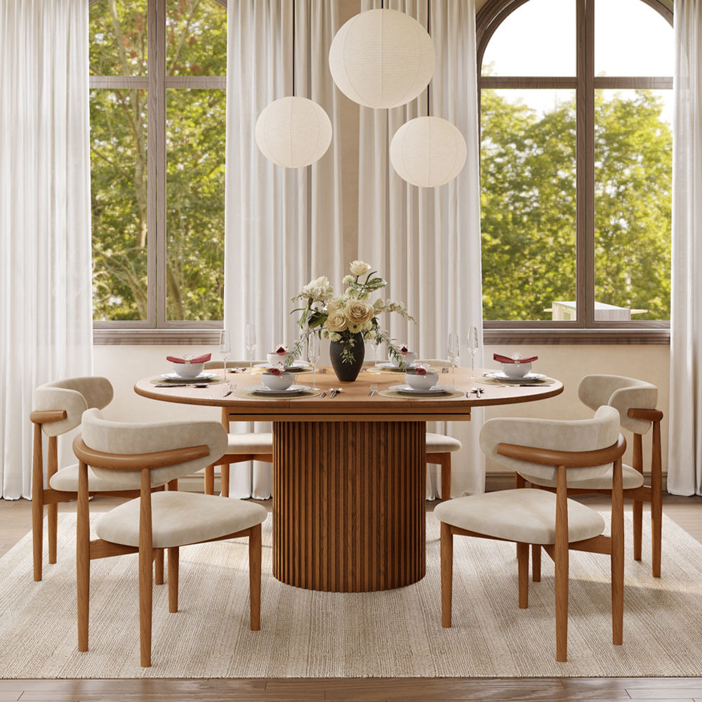 Round Walnut Color MDF Dining Room Set